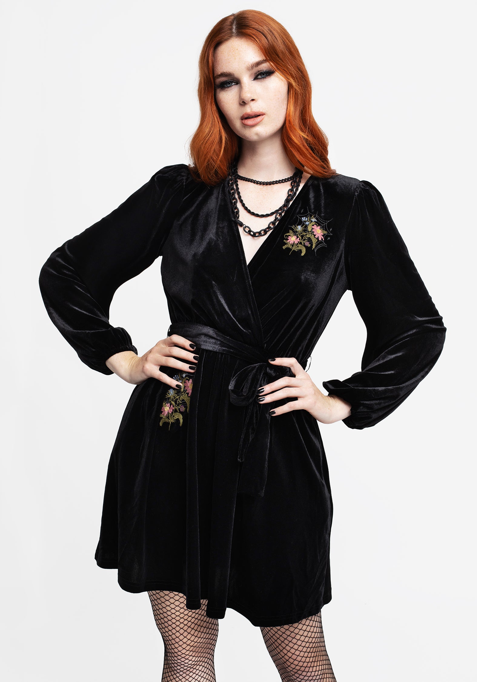 Elegant Cleome Floral Spiderweb Embroidered Velour Faux Wrap Mini Dress for Women | Summer Cocktail Party & Date Night Outfit