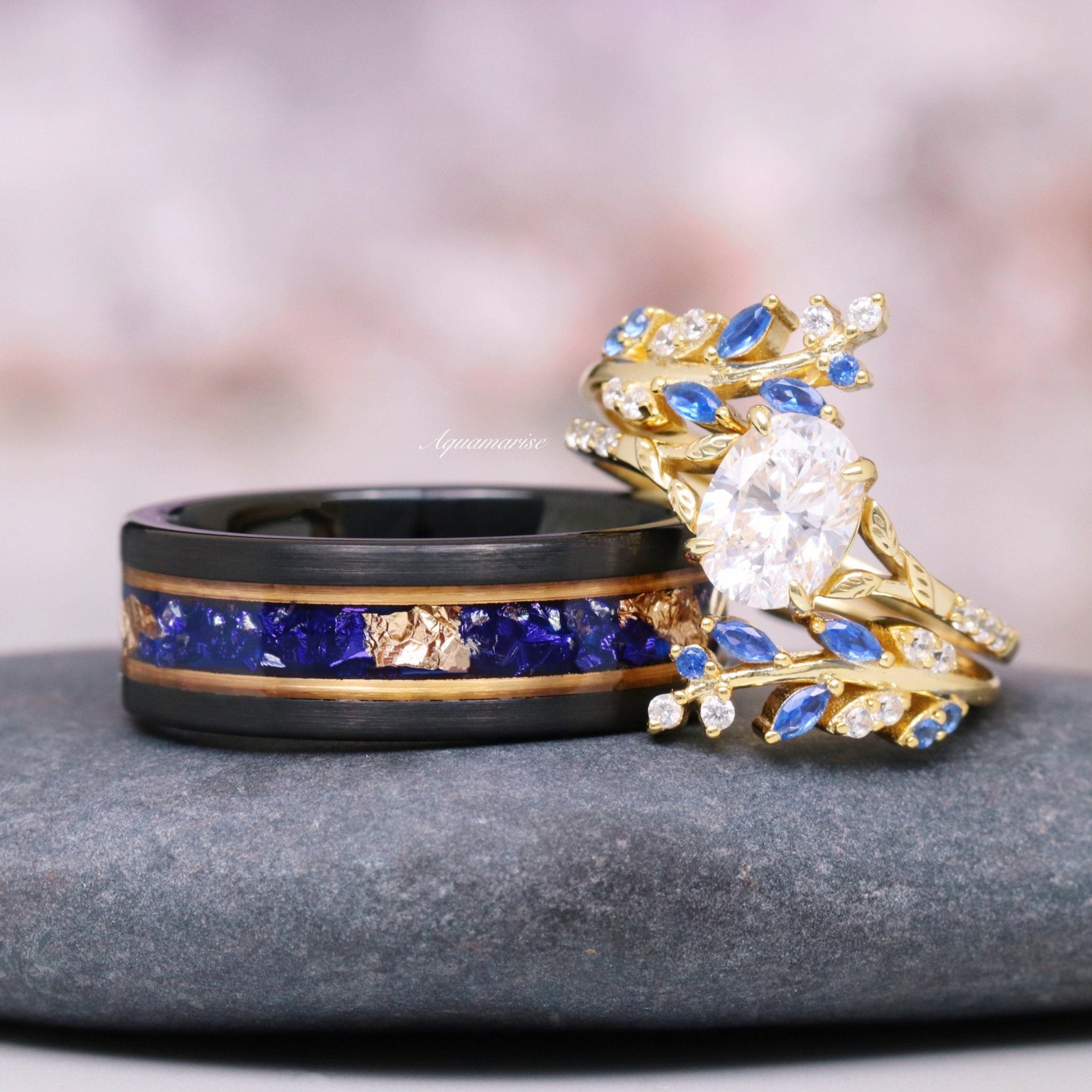Lab Grown Diamond & Sapphire Leaf Ring Set - 14K Solid Yellow Gold, IGI Certified - Elegant Wedding, Anniversary, or Gift Jewelry for Women