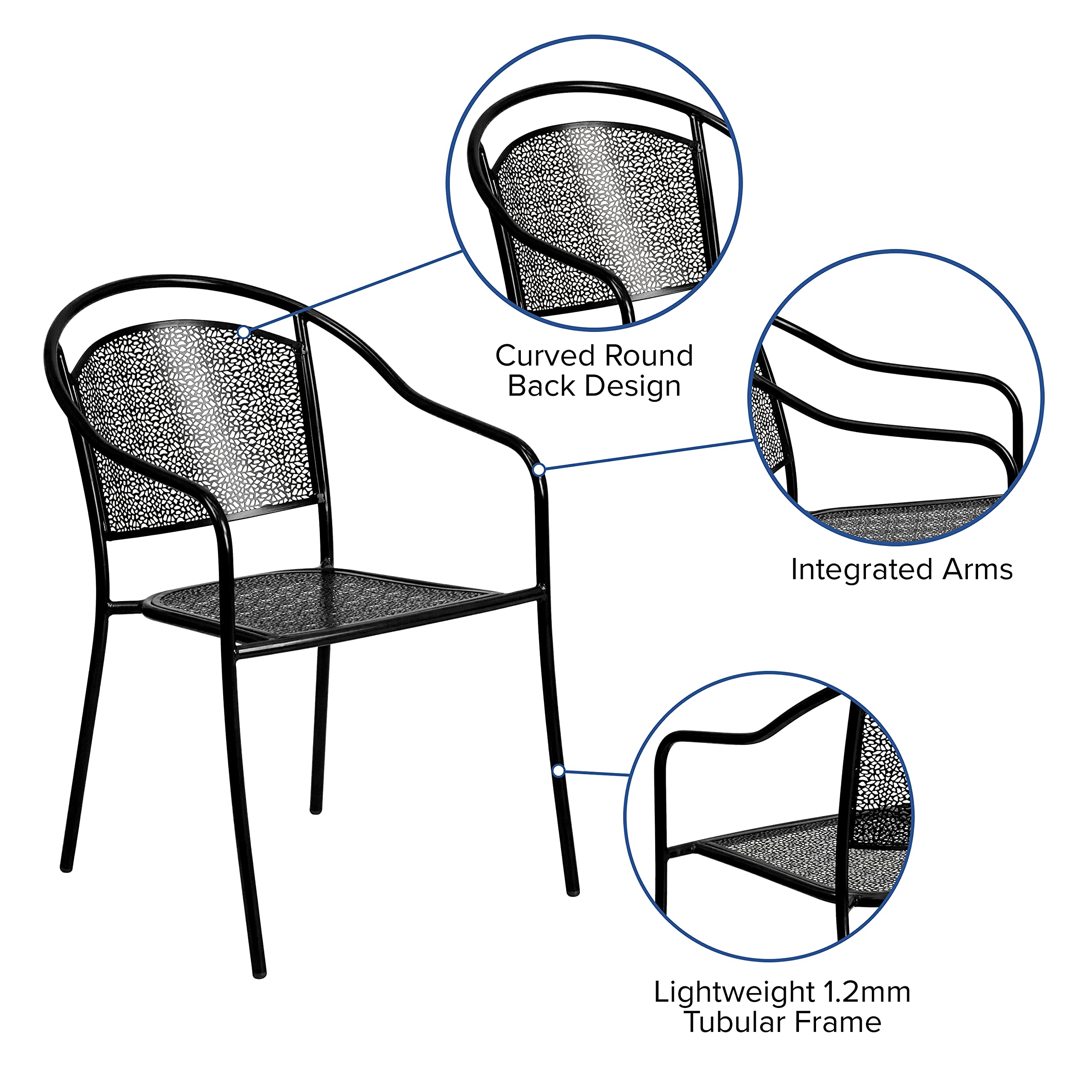 5 Pack Black Steel Indoor-Outdoor Patio Arm Chairs with Round Back - Durable Cafe Bistro Chairs for Restaurant, Garden, Balcony & Home Decor