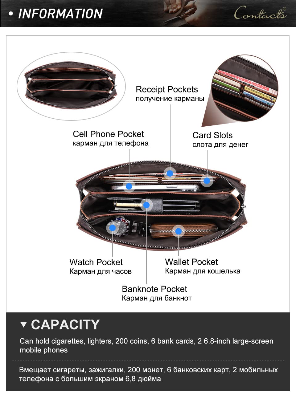 Men's Leather Clutch Bag - Phone & ID Holder for Travel