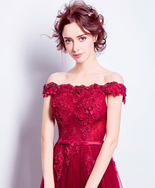 Elegant Burgundy Tulle Lace Applique Long Prom Dress | Burgundy Bridesmaid Gown for Weddings & Formal Events | Perfect for Homecoming, Quinceañera & Evening Parties