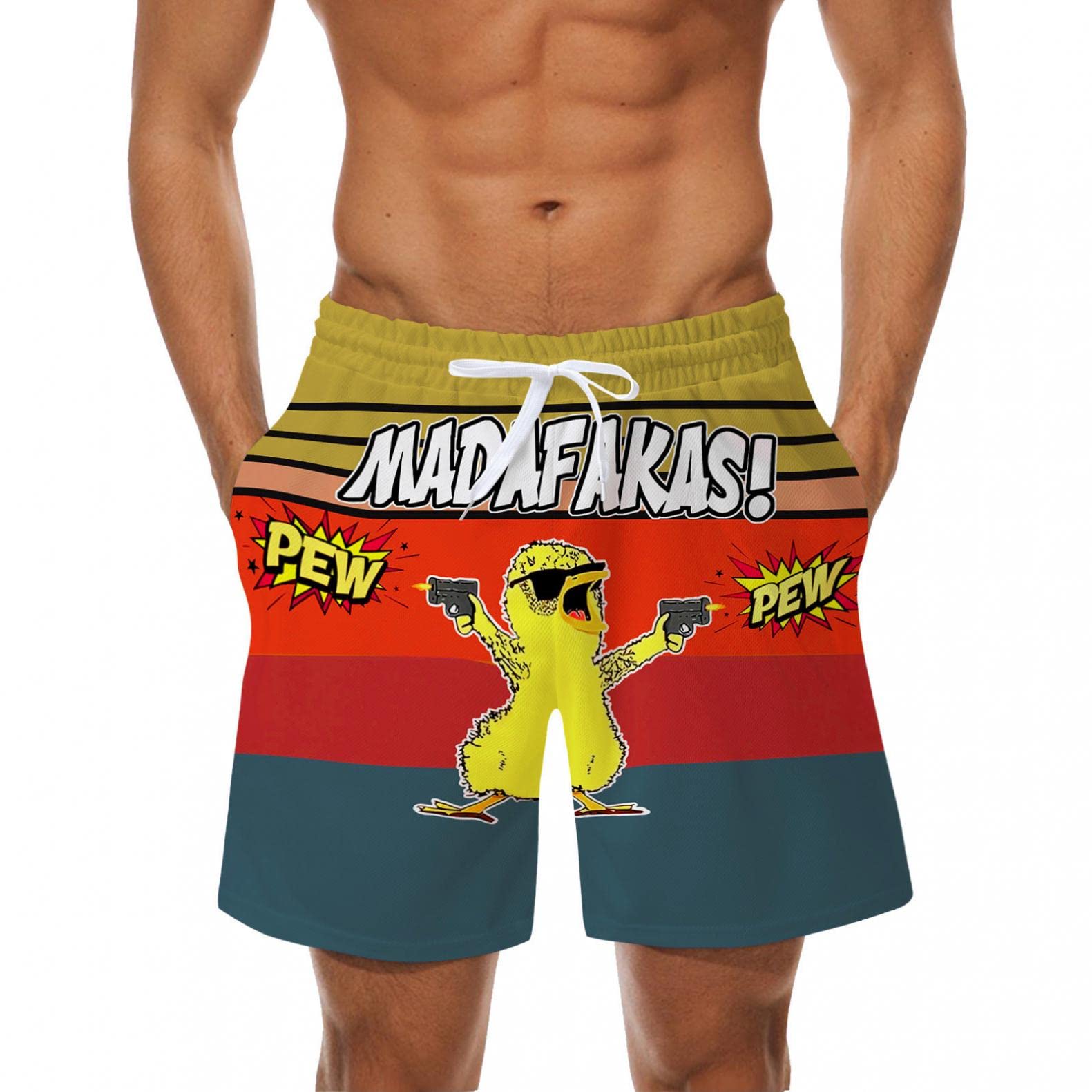 **Men's Quick-Dry Athletic Shorts with Lace-Up Design & Pockets - Funky Festival Print for Beach, Workout, Holiday & Father's Day Gifts**