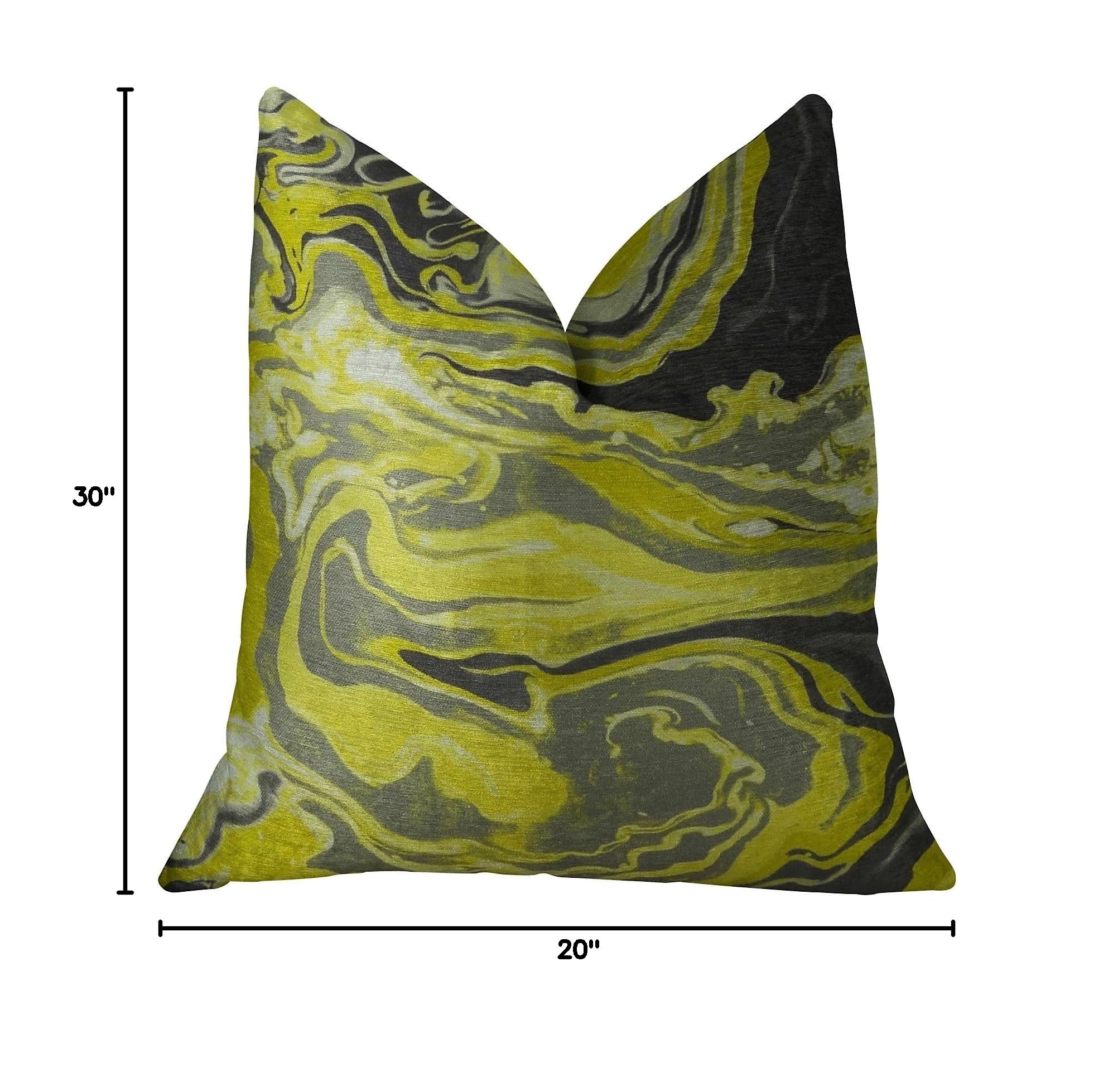 Plutus Medici Marble Ink Handmade Throw Pillow 20x30 Inches - Luxury Queen Size Decorative Cushion in Yellow, Gray & Black - Perfect for Sofa, Bedroom & Living Room Decor