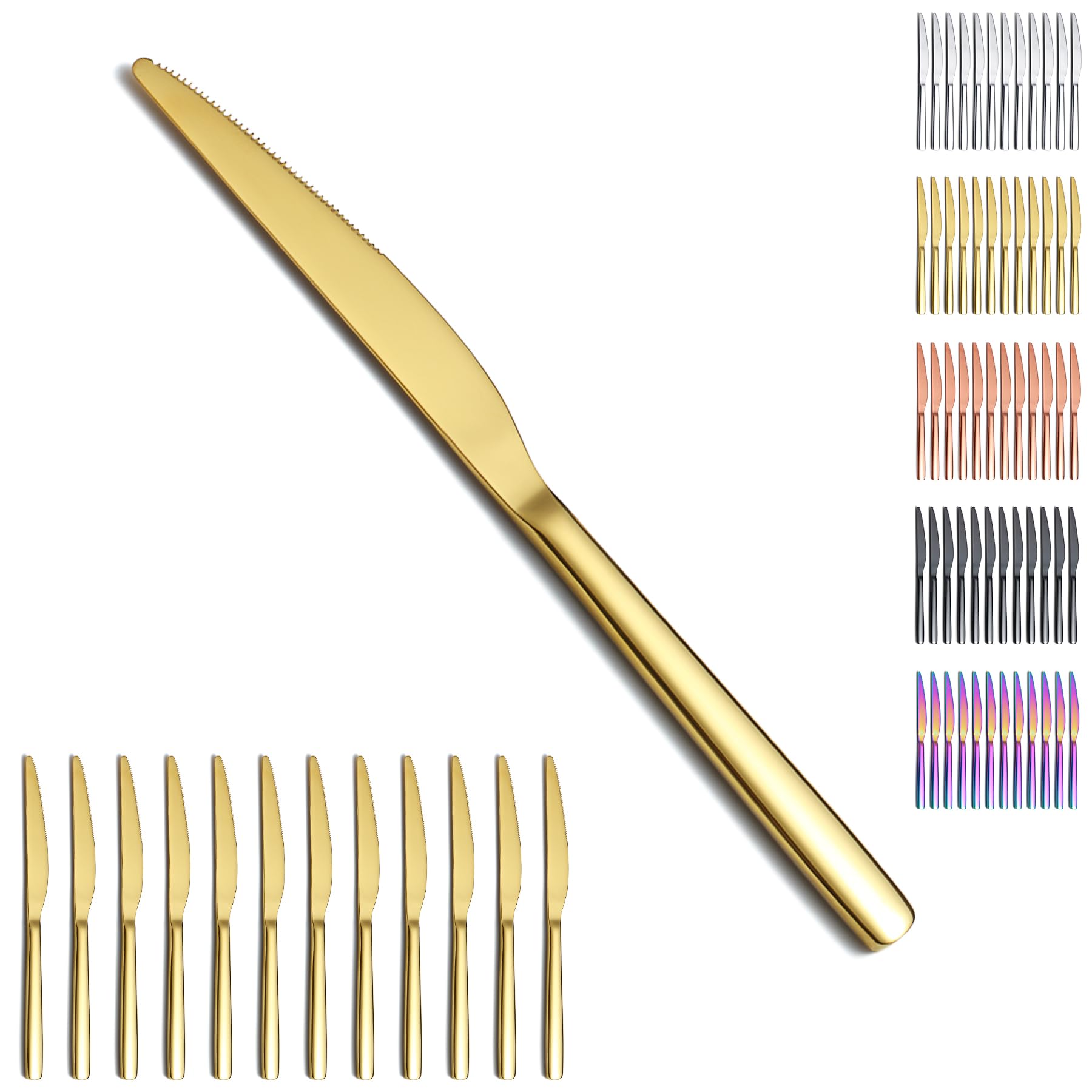 Evanda 12-Piece Gold Dinner Knives Set - Titanium Plated Stainless Steel Butter & Steak Knives - Elegant Flatware Silverware Cutlery Set - Dishwasher Safe - Perfect for Wedding, Restaurant & Fine Dining