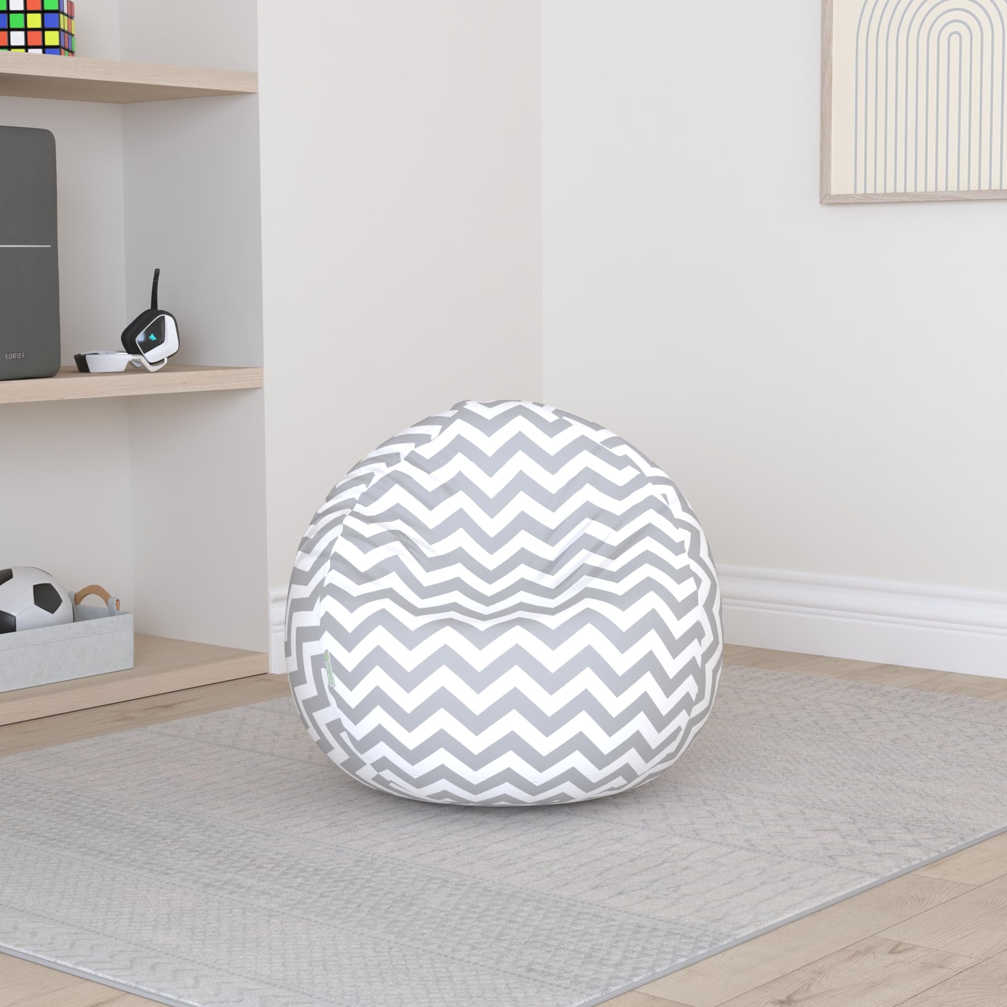Majestic Home Goods Classic Bean Bag Chair - Large 28x28x22 Inch Soft Foam Filled Chevron Pattern Bean Bag for Kids & Adults, Gray - Perfect for Living Room, Bedroom, Playroom & Dorm Relaxation