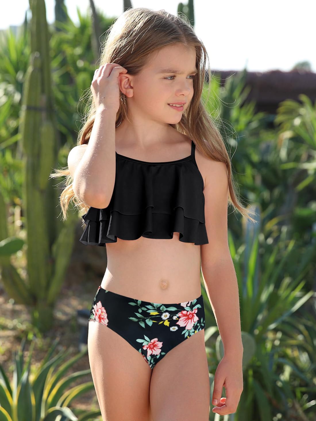 SHEKINI Girls Floral Print Ruffled Two-Piece Swimsuit | Cute Bikini Set for Beach, Pool & Summer Vacation | Toddler & Kids Swimwear