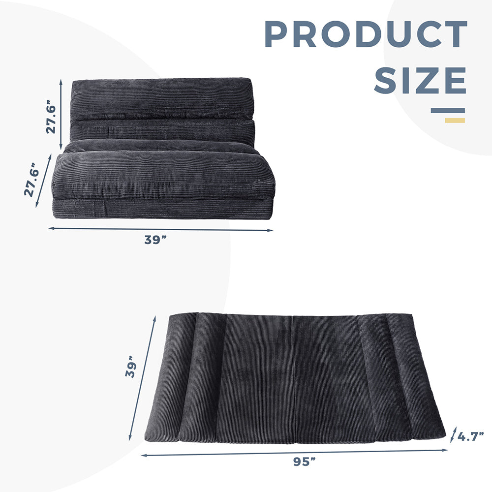 MAXYOYO Folding Sofa Bed - Extra Wide Corduroy Floor Sofa for Small Spaces, Dark Grey | Convertible Guest Bed & Lounge Chair for Apartments, Dorms & Living Rooms