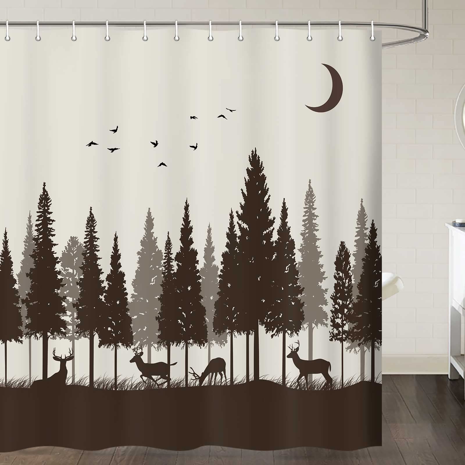 Rustic Deer Forest Shower Curtain Set with Hooks - Brown Woodland Hunting Cabin Lodge Design - 72x78 Inches - Perfect for Bathroom, Cabin, Hunting Lodge & Nature-Themed Decor