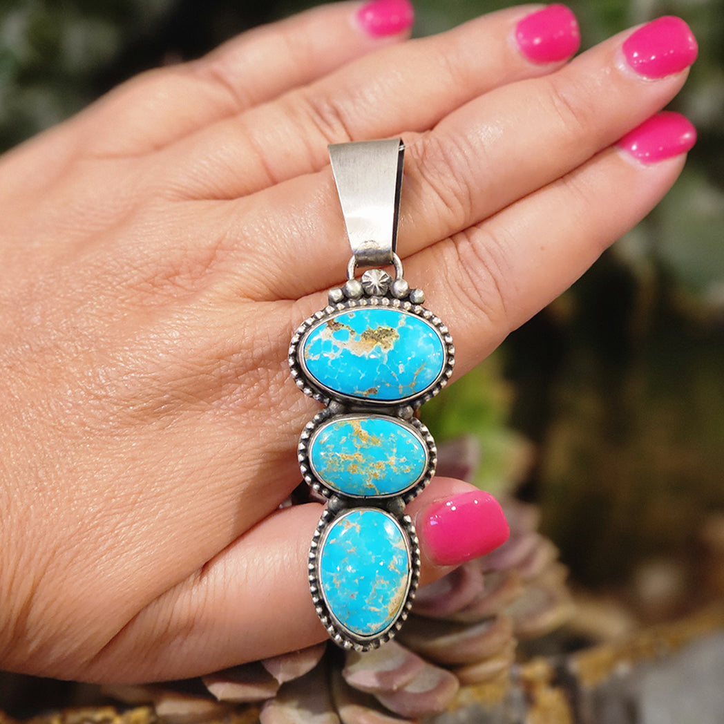Blue 3 Stone Blue Ridge Turquoise Pendant Necklace – Handcrafted Sterling Silver Jewelry for Women, Boho Chic Gift for Her – Perfect for Casual Wear, Parties & Special Occasions