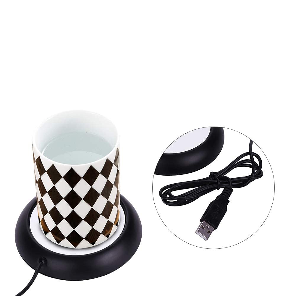 USB Electric Coffee Mug Warmer - Portable Tea & Milk Cup Heater Pad with Wooden/Metal Base | Perfect for Office, Home & Travel | Fast Heating Plate for Desks, Nightstands & Cars (Black)