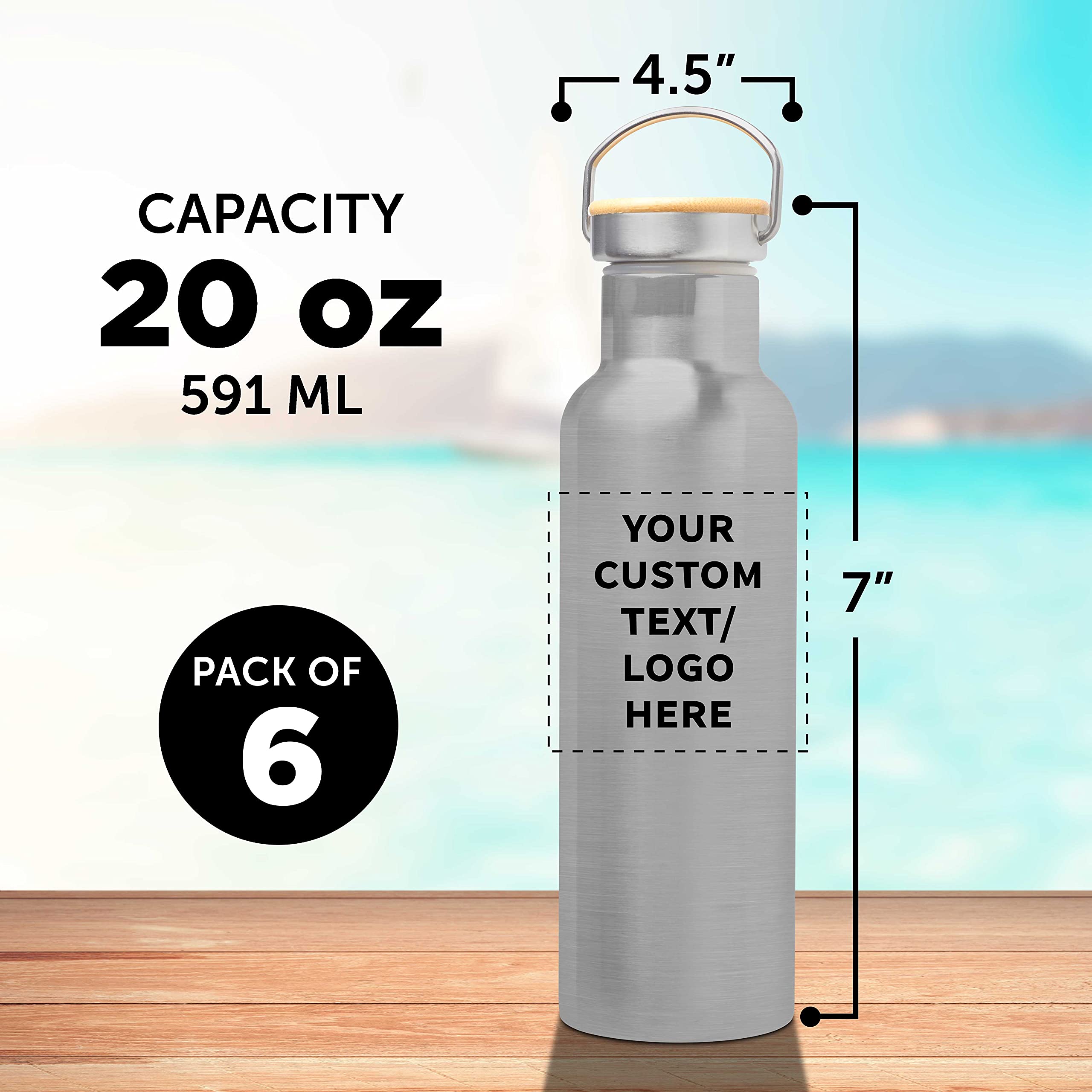6-Pack Stainless Steel Water Bottles with Wood Top - 20oz Double Wall Insulated, BPA-Free, Spill Proof - Custom Text & Logo - Perfect for Gym, Hiking, Office & Outdoor Activities