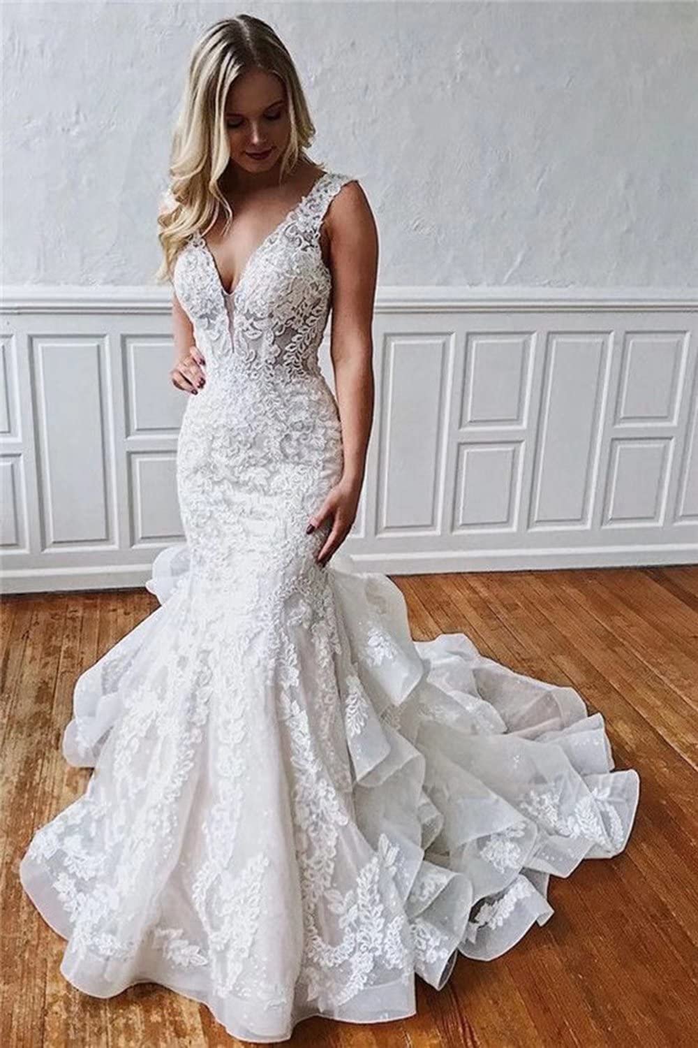 Elegant V-Neck Mermaid Wedding Dress for Bride | Lace Backless Beach Bridal Gown with Ruffled Train | Perfect for Beach Weddings, Outdoor Ceremonies & Romantic Photoshoots
