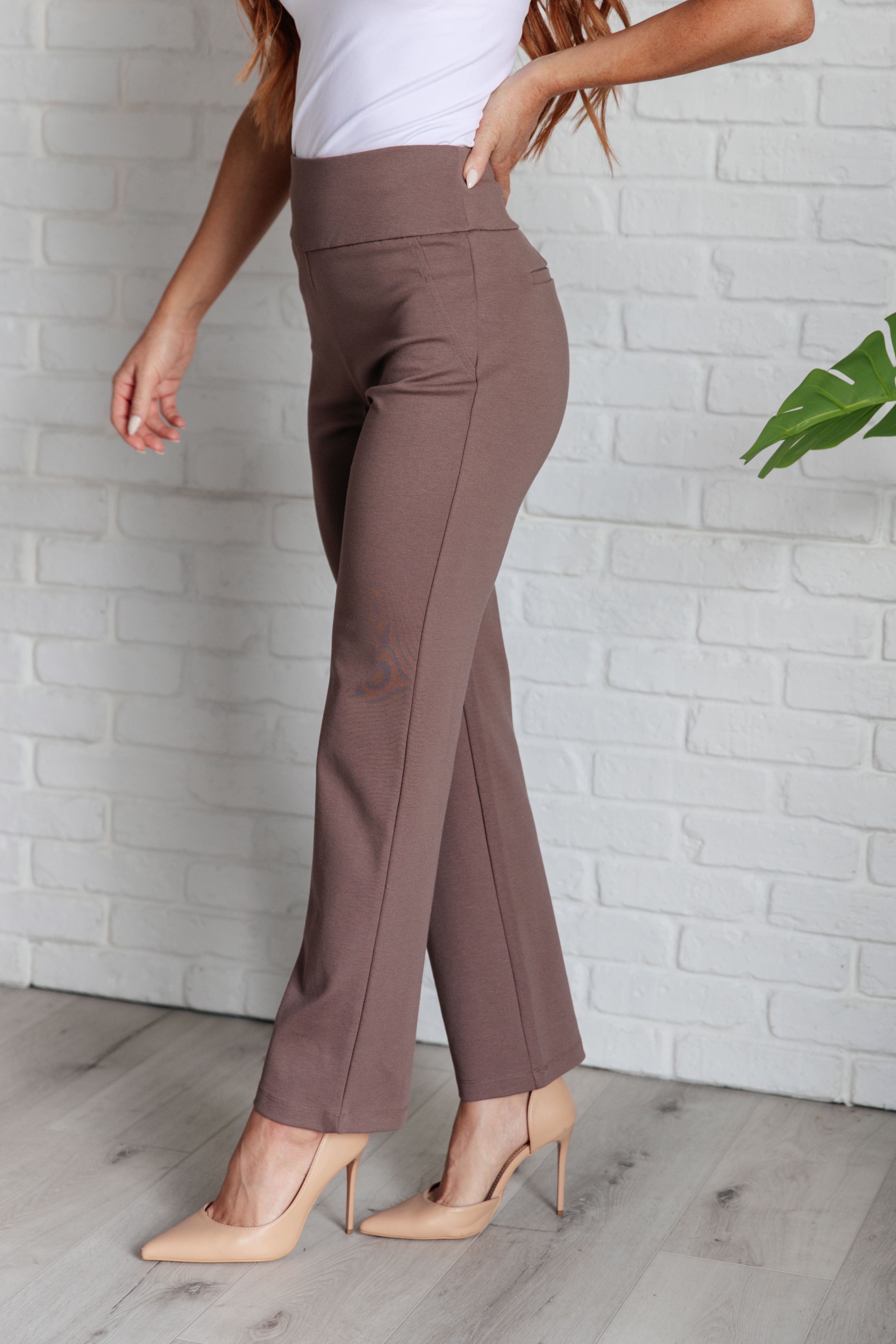 Magic Straight Leg Pants for Women - Dark Mocha High Waist Trousers | Office Wear, Business Casual & Everyday Outfits