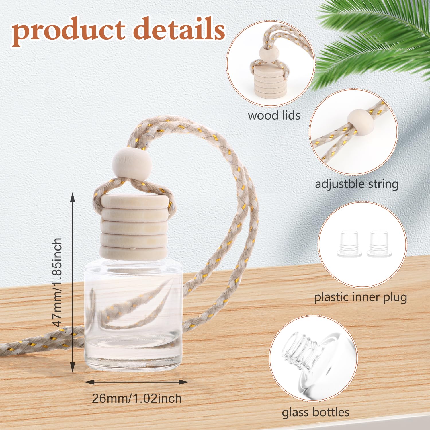 100 Pack Empty Round Glass Hanging Car Air Freshener Diffuser Bottles - Essential Oil Aromatherapy Perfume Pendant for Home, Office, Car Decor and Fragrance Dispensing
