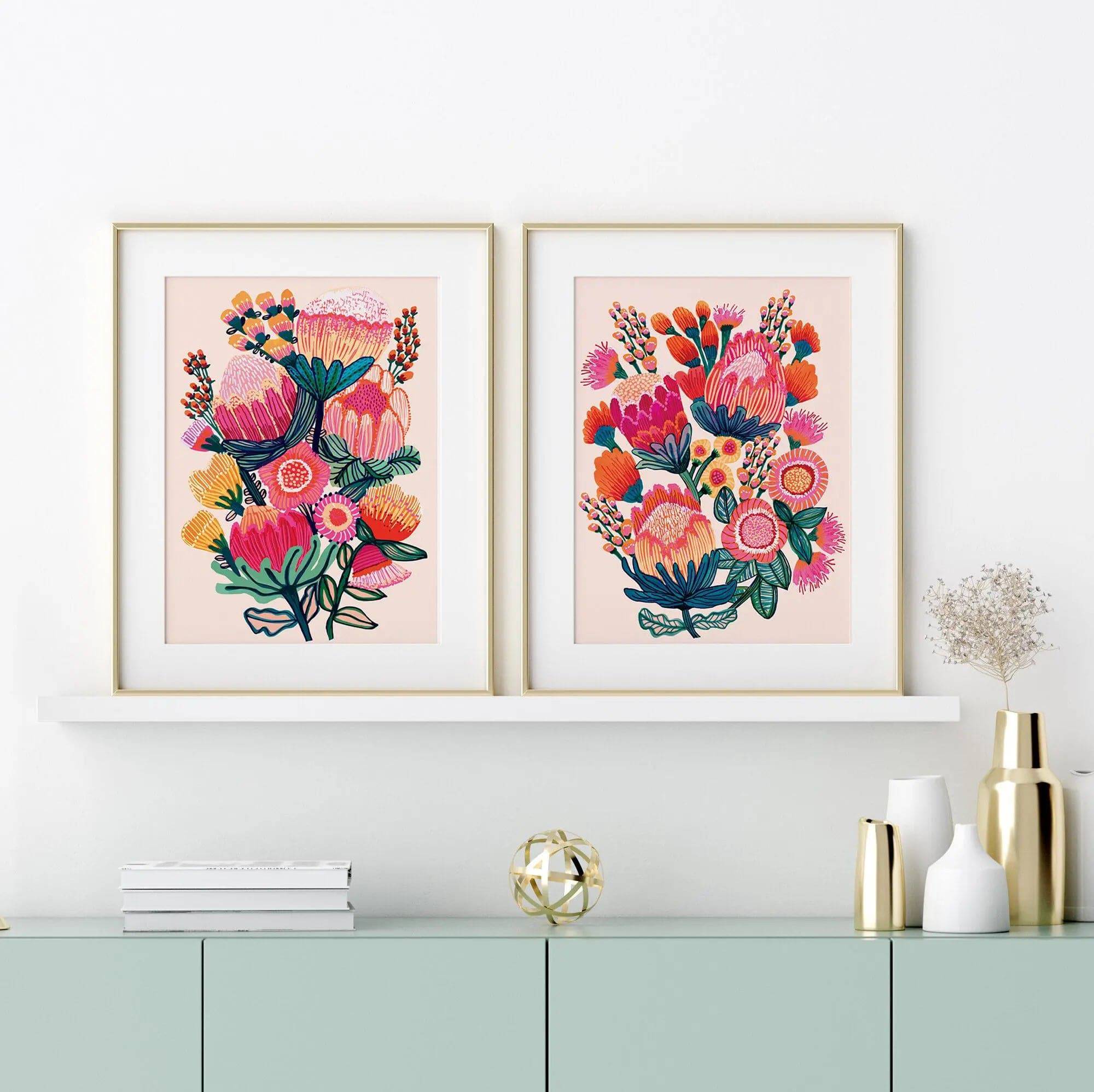 Australian Native Flowers Wall Art Prints - Set of 3 Framed Botanical Paintings for Living Room, Bedroom & Office Decor