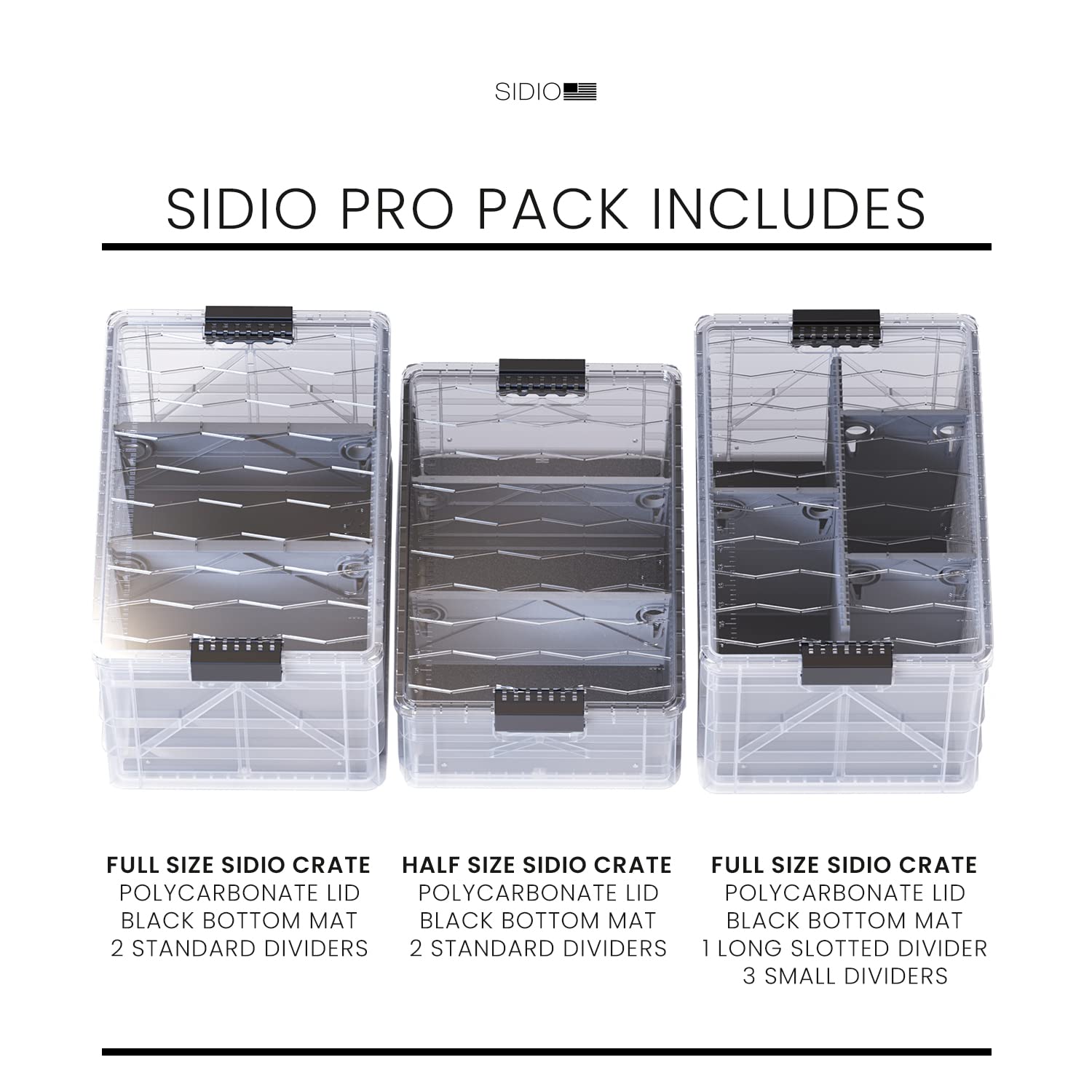CRATE Pro Pack - 2 Large & 1 Medium Heavy Duty Stackable Storage Bins with Lids & Dividers - Durable Plastic Organizer Totes for Home Office, Garage Organization, Camping Gear & Toy Storage - Perfect for Closet, Basement & Moving Supplies