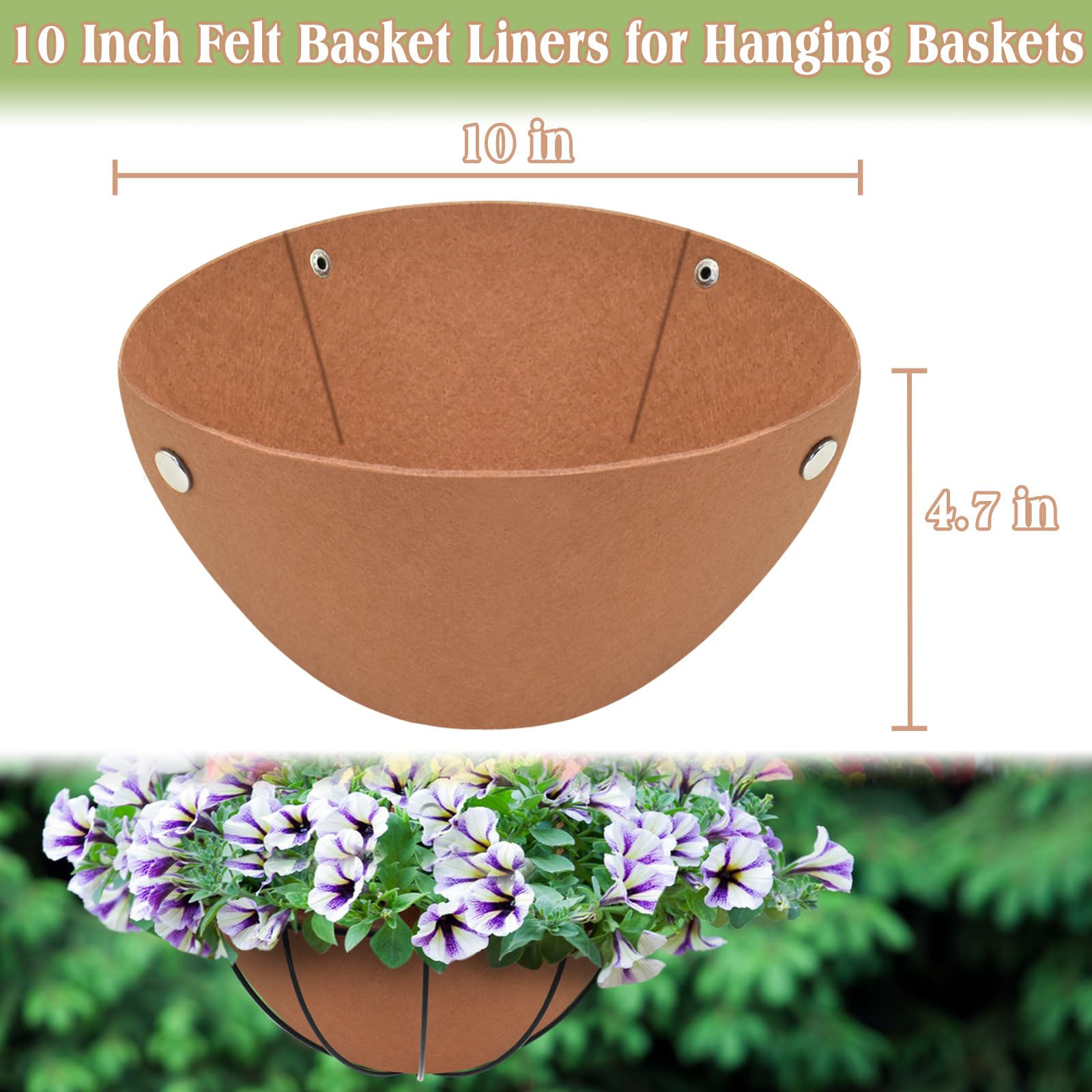 10 Inch Felt Hanging Basket Liners (2 Pack) - Round Fabric Planter Basket Liner for Flowers & Plants - Eco-Friendly Coco Liner Alternative - Bird Nesting Prevention - Perfect for Indoor/Outdoor Hanging Baskets, Balconies & Garden Decor
