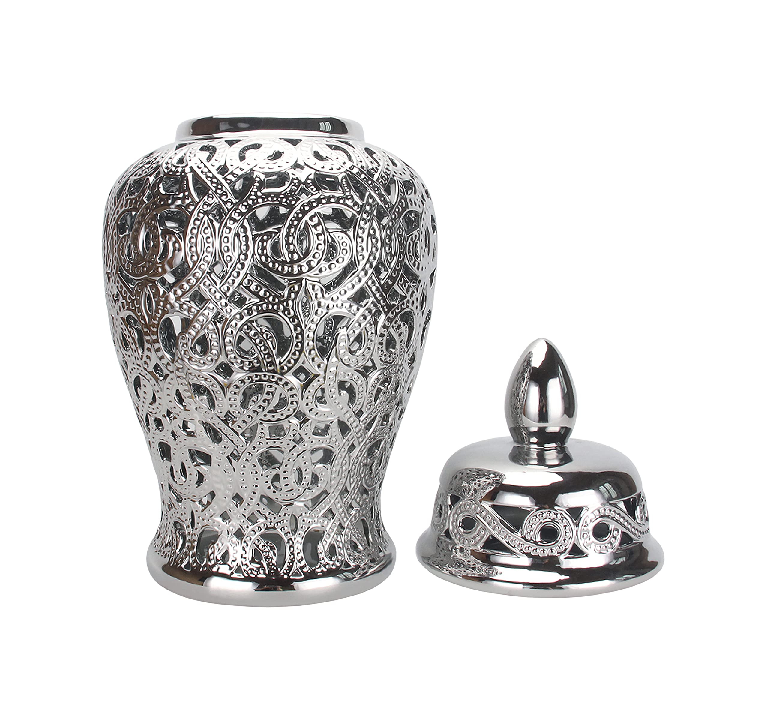 Noori Home - 100% Modern Glam Artisan Ceramic PARKER Large Silver Ginger Jar Urns with Lid 11x11x25 - Elegant Home Decor for Living Room, Dining Table & Wedding Centerpiece