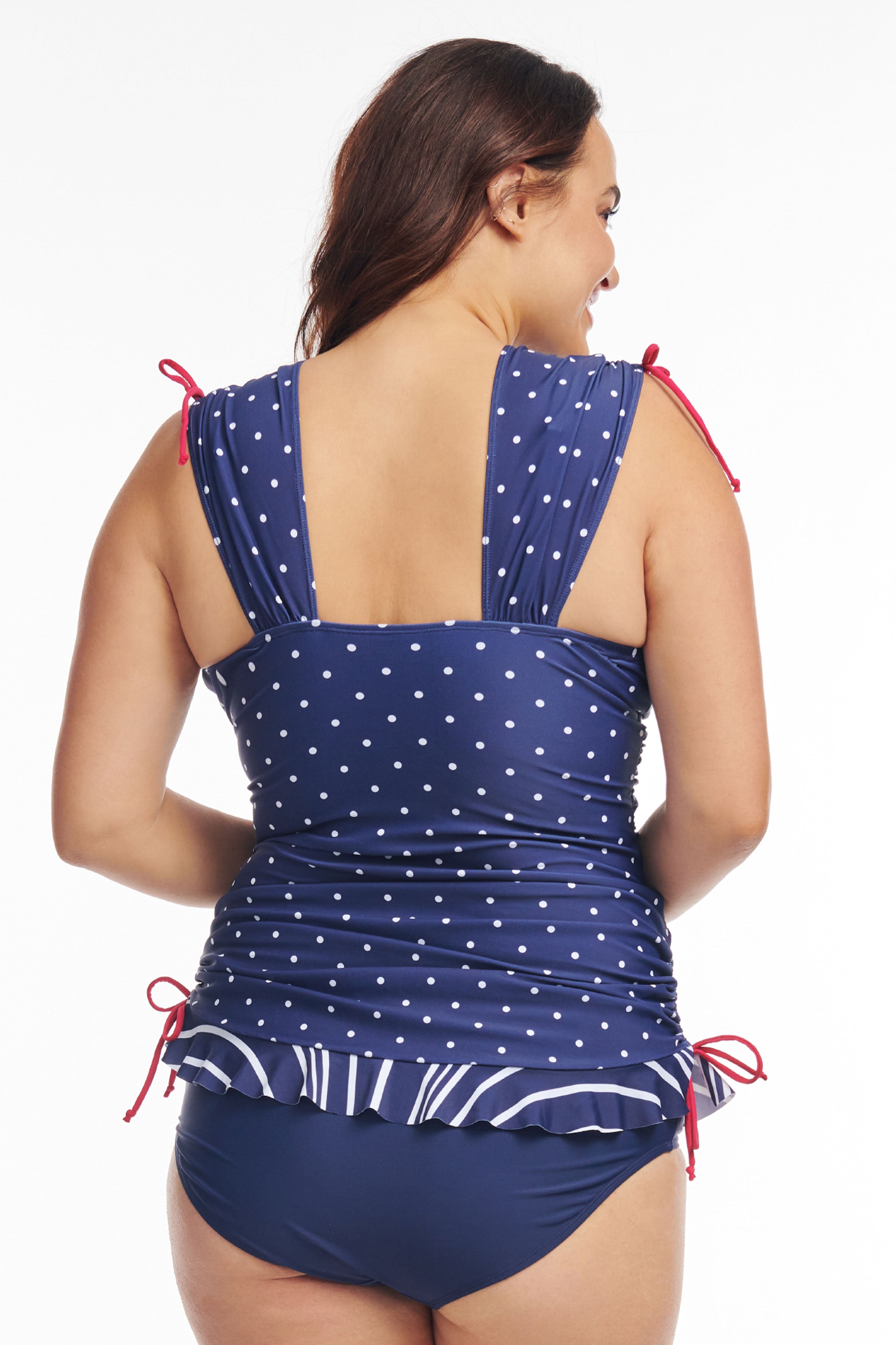 Plus Size Women's 2-in-1 Convertible Tankini Top - Grecian Skater Style Polka Dot Swimwear for Beach & Pool Vacation