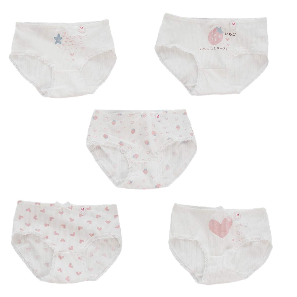 Cute Kawaii Cotton Underwear for Women - 5-Pack Low Waist Briefs with Adorable Strawberry Print - Perfect for Schoolgirl Style, Everyday Wear & Anime Cosplay