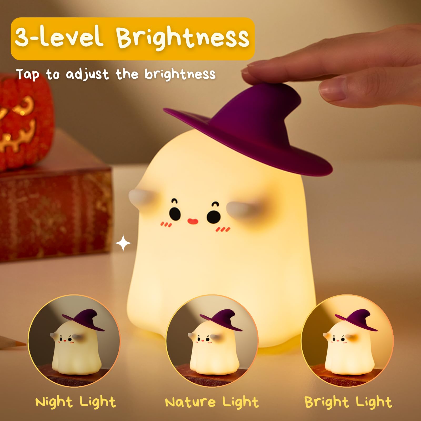Ghost Night Light - Halloween Decorations, Rechargeable Silicone Night Lamp with 3-Level Dimmable Brightness | Perfect Bedside Lamp, Nursery Nightlight & Dorm Decor | Fun Holiday Gift & Cool Gadget for Kids | Ideal for Bedrooms, Kids' Rooms & Halloween Parties