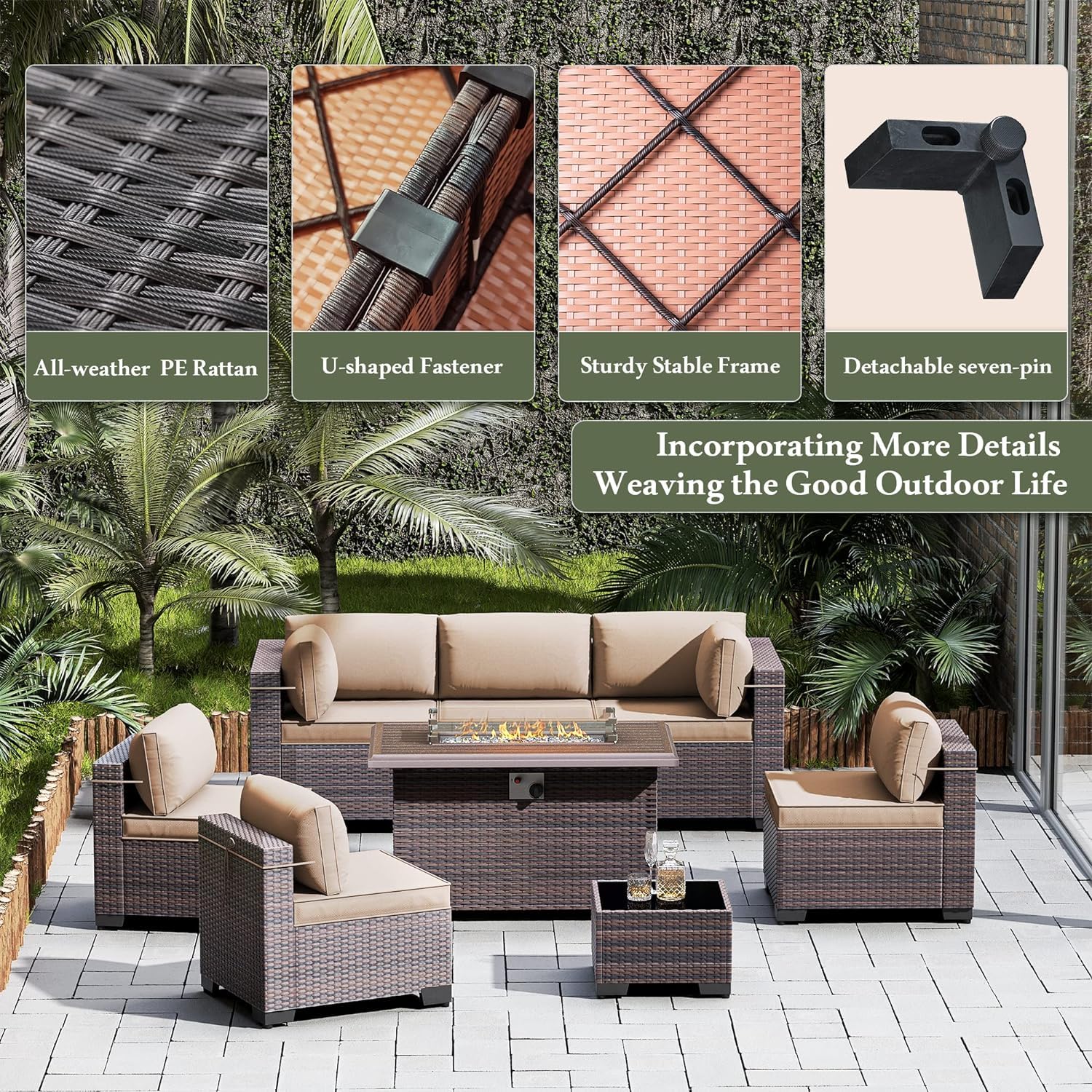 13-Piece Outdoor Patio Furniture Set with Propane Fire Pit Table - Brown Sectional Sofa Conversation Set with ETL-Approved 43