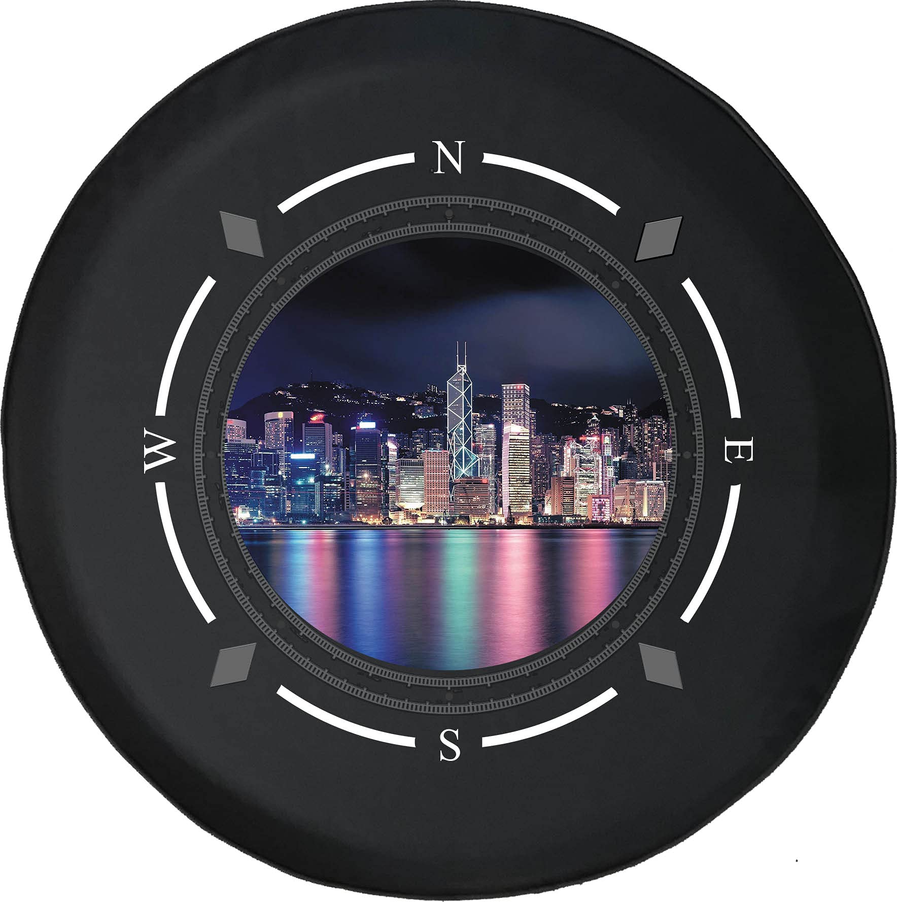 American Unlimited Spare Tire Cover with Compass & City Water Reflection Design - Neon Lights Wheel Cover for SUV, Trailer, RV Accessories & Most Vehicles | Perfect for Road Trips, Camping & Outdoor Adventures