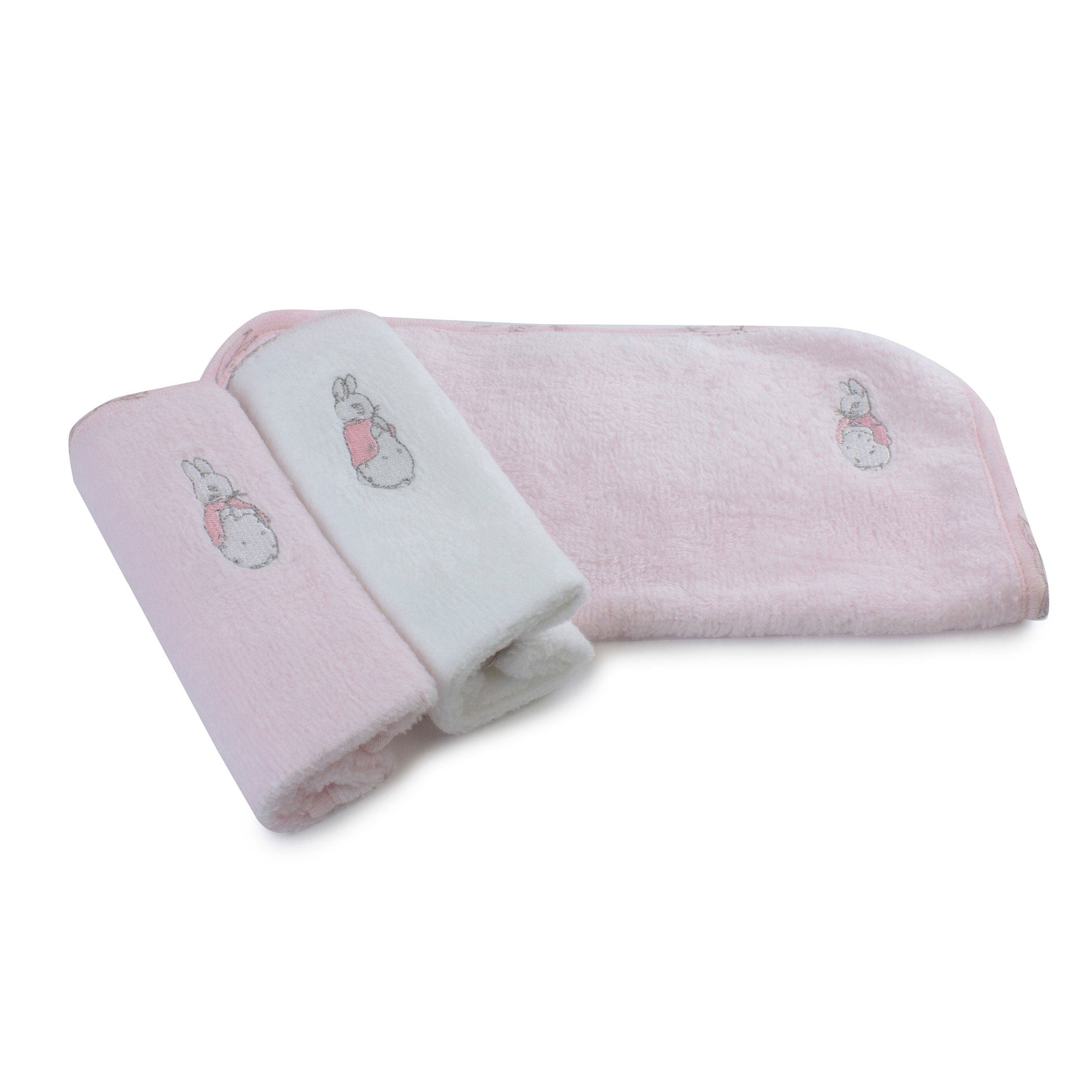 Peter Rabbit 'Hop Little Rabbit' Hooded Towel & Face Washers Set - Soft Baby Bath Towel with Cute Bunny Hood for Newborn & Toddler - Perfect for Bath Time, Baby Shower Gift & Nursery Essentials (Pink)
