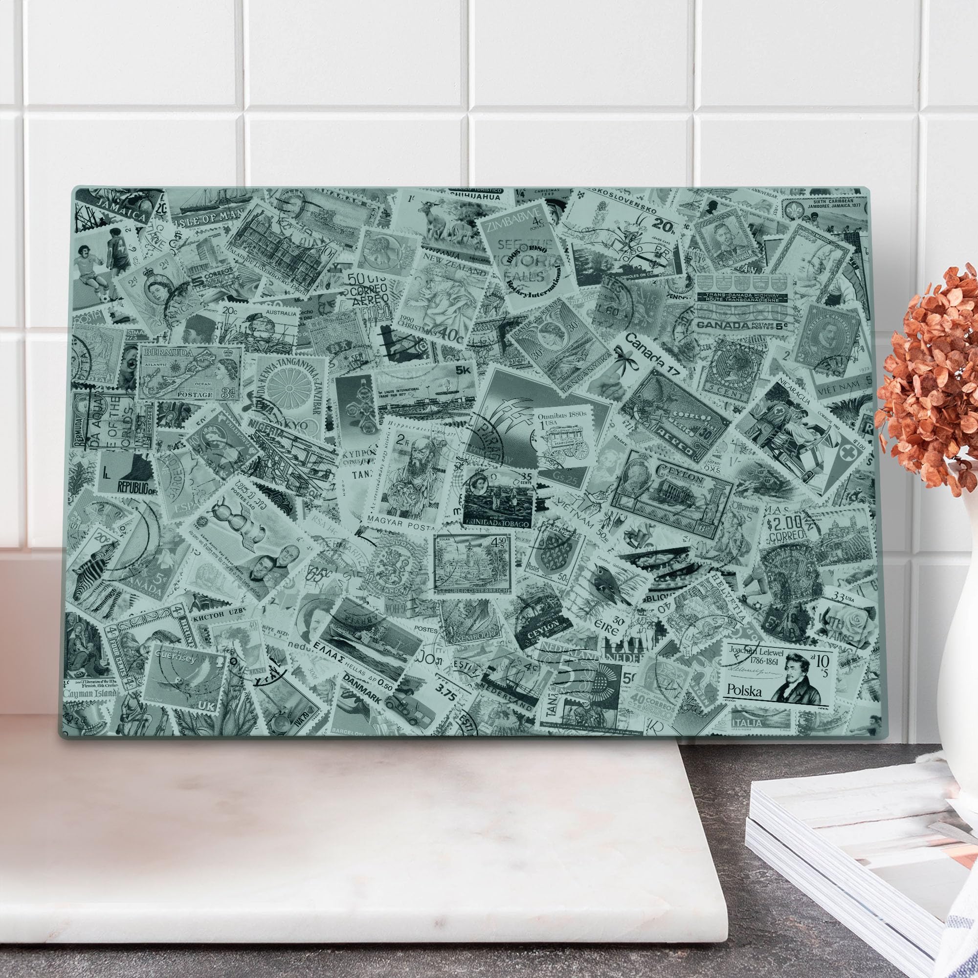 Vintage Black & White World Postage Stamps Design Tempered Glass Cutting Board - Large Decorative Serving Tray for Kitchen, Charcuterie & Entertaining - Travel Theme Artwork (Grey)