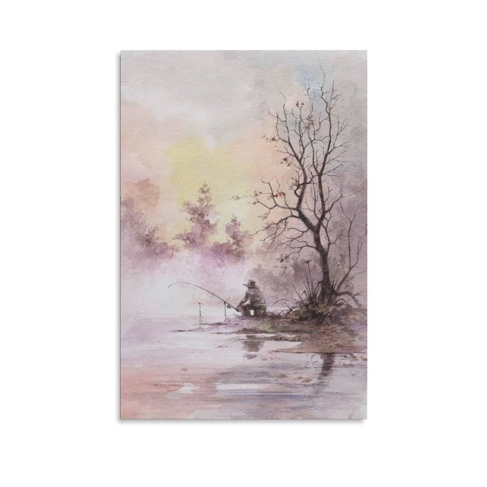 Spring Fishing by The Stream Canvas Wall Art - 20x30 Inches (50x75cm) Landscape Painting for Living Room, Bedroom & Office Decor - Perfect Gift for Fishing Enthusiasts & Nature Lovers - Ideal for Home, Office, or Cabin Decoration