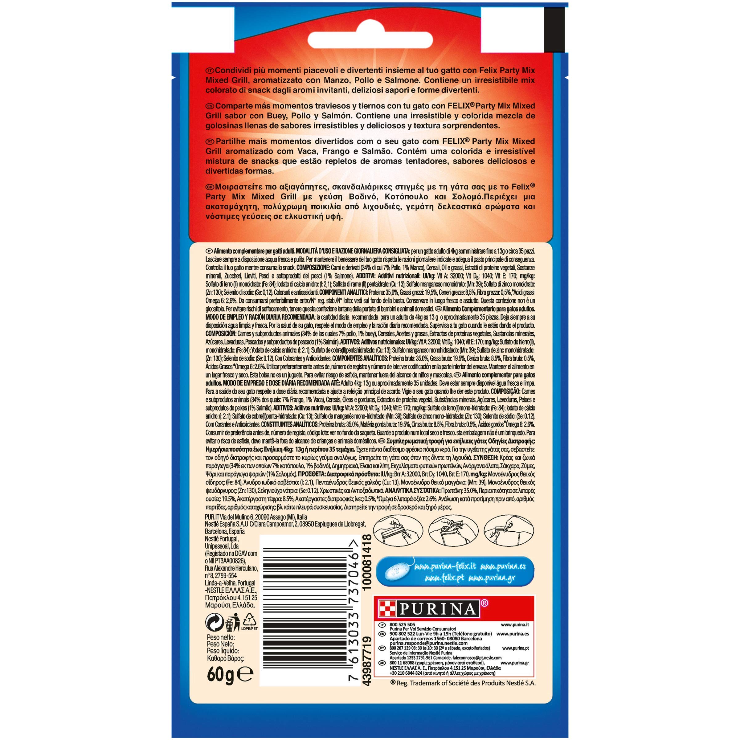 Purina Party Mix Cat Treats with Beef, Chicken & Salmon - Grain-Free Snacks for Cats - 8 Packs (60g Each) - Perfect for Training Rewards, Bonding Time & Special Occasions