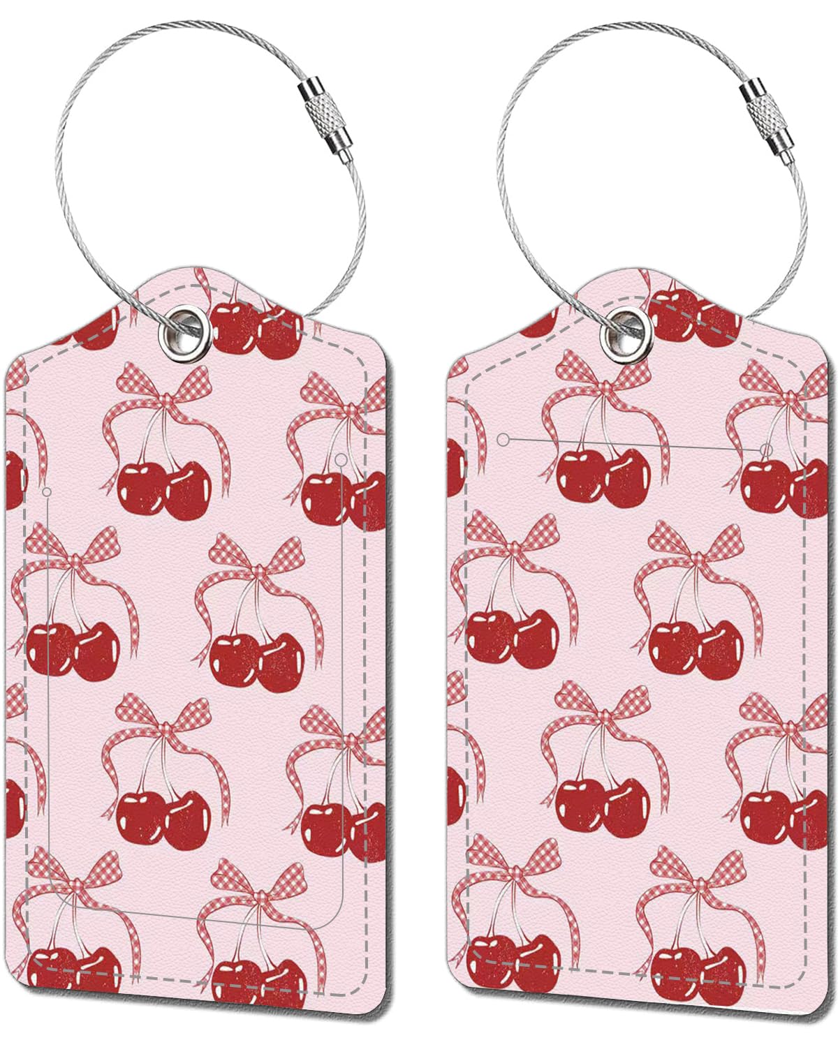 Pink Cherry Leather Luggage Tags 2 Pack - Cute Unique Suitcase Tags with Privacy Labels & Stainless Steel Loop - Travel Bag Tags for Women Men Girls Boys - Perfect for Airports, Cruise, Backpacks & Suitcases