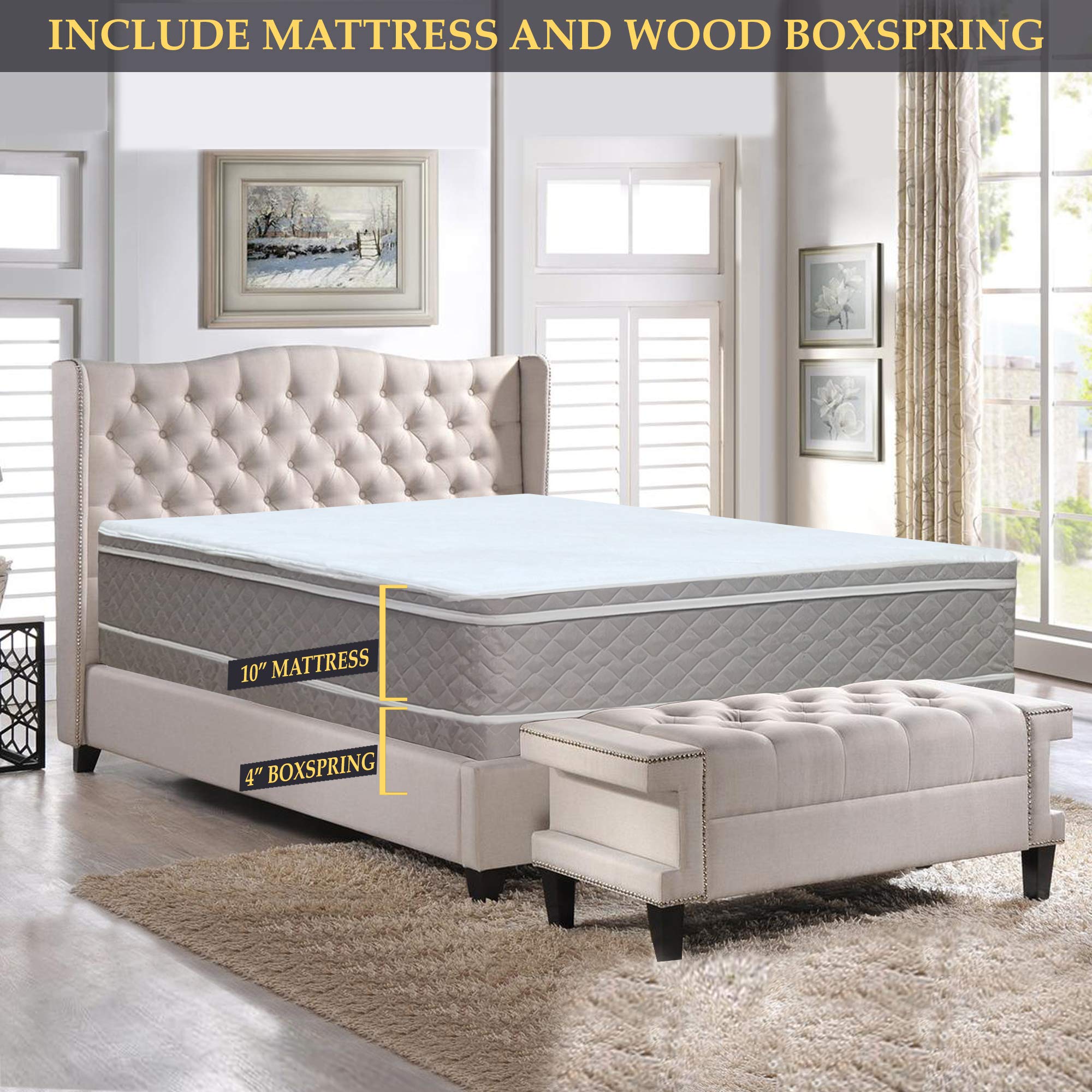 10-Inch Medium Plush Eurotop Pillowtop Innerspring Mattress with 4-Inch Wood Box Spring Set - Fully Assembled, Twin Size, White/Gold - Orthopedic Support for Back Pain Relief - Perfect for Guest Rooms, Dorms & Small Apartments