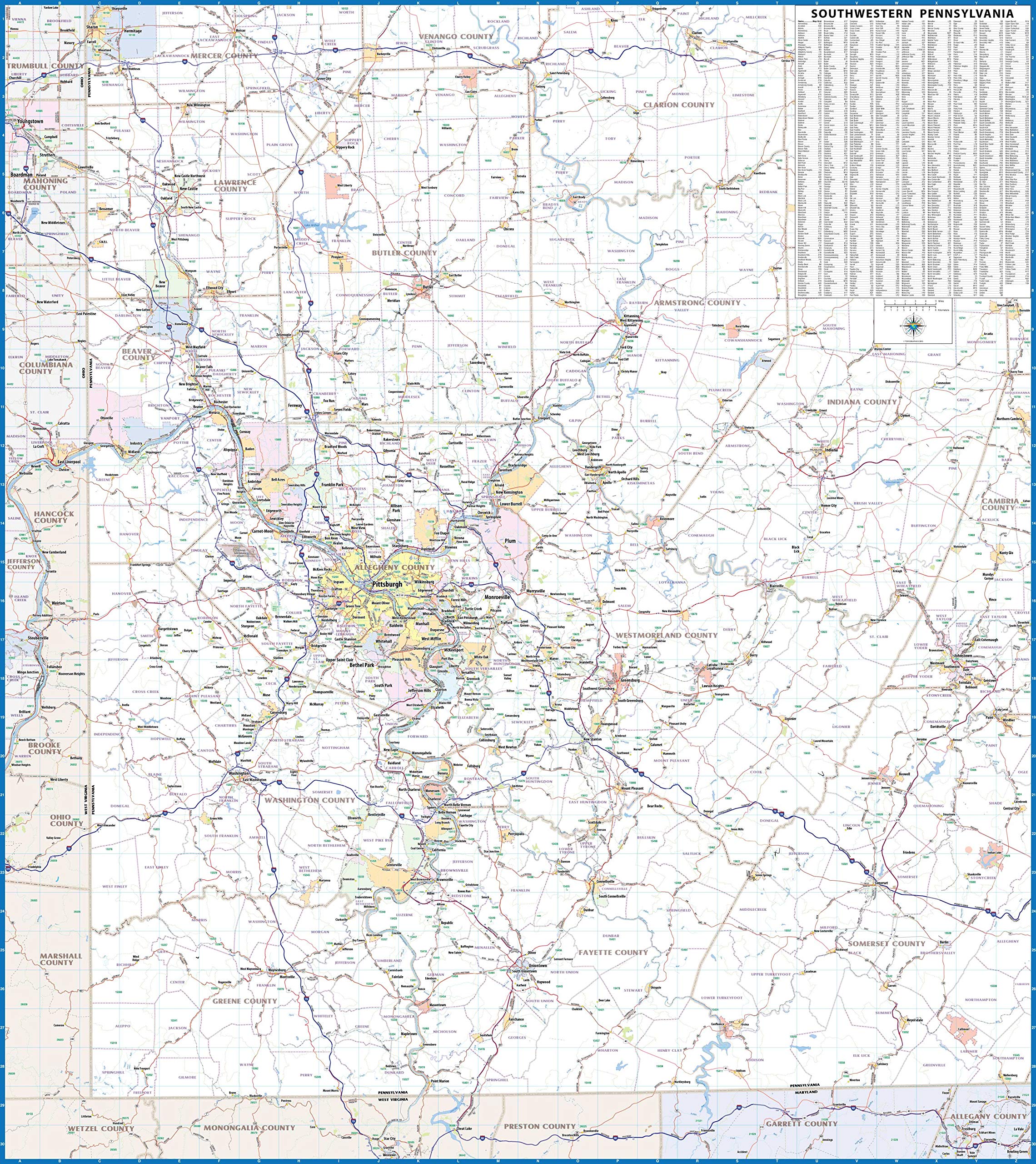 Pittsburgh & Southwest PA Waterproof Laminated Road Map - 48' x 54' Large Detailed Travel Map - Perfect for Road Trips, Hiking & Outdoor Navigation