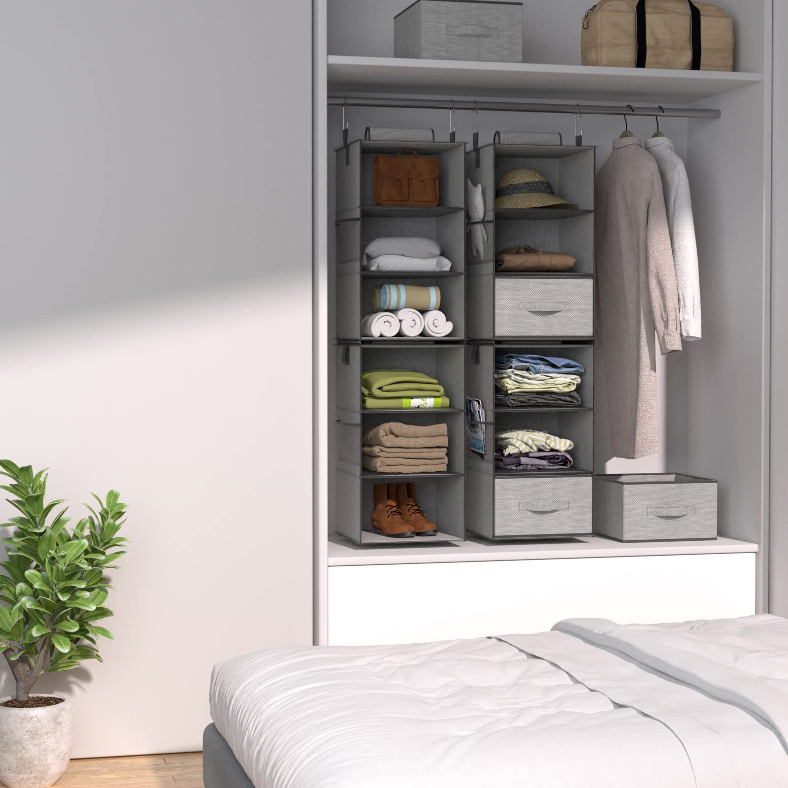 2-Pack Gray Hanging Closet Organizer with 3 Adjustable Shelves - Space Saving Storage for Closet, Dorm, RV, Apartment & Small Spaces - Foldable Shelves for Clothes, Shoes & Accessories Organization