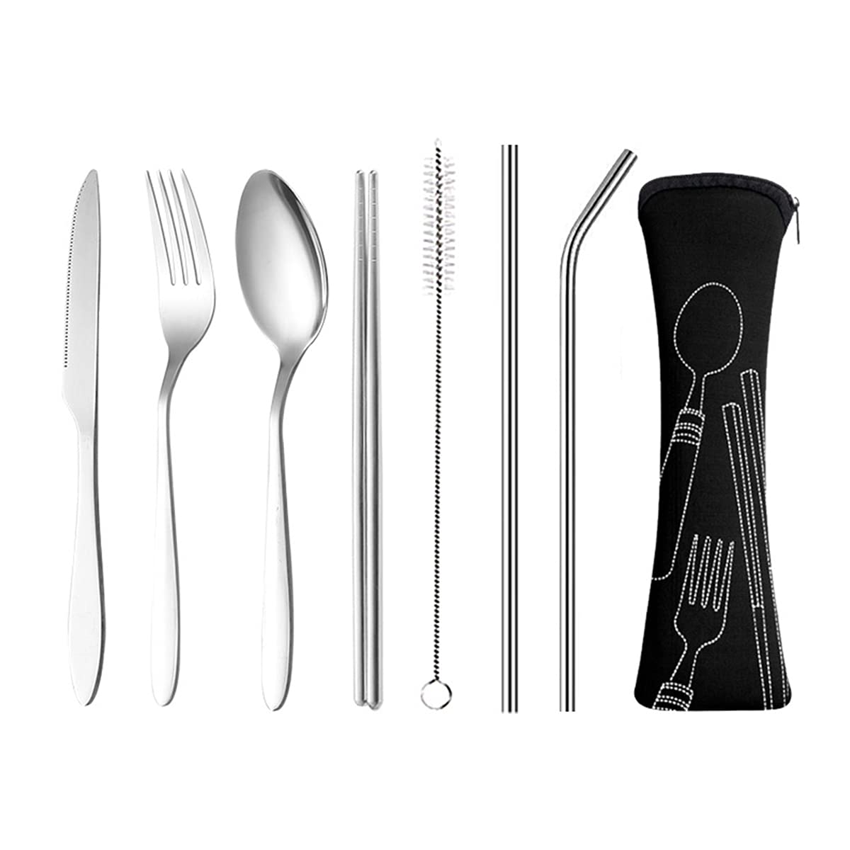 Lovestia 7-Piece Camping Cutlery Set - Stainless Steel Travel Flatware with Titanium Coating | Includes Knife, Fork, Spoon, Chopsticks, Cleaning Brush & Straws in Portable Case | Perfect for Outdoor Adventures, Picnics, Hiking & Travel