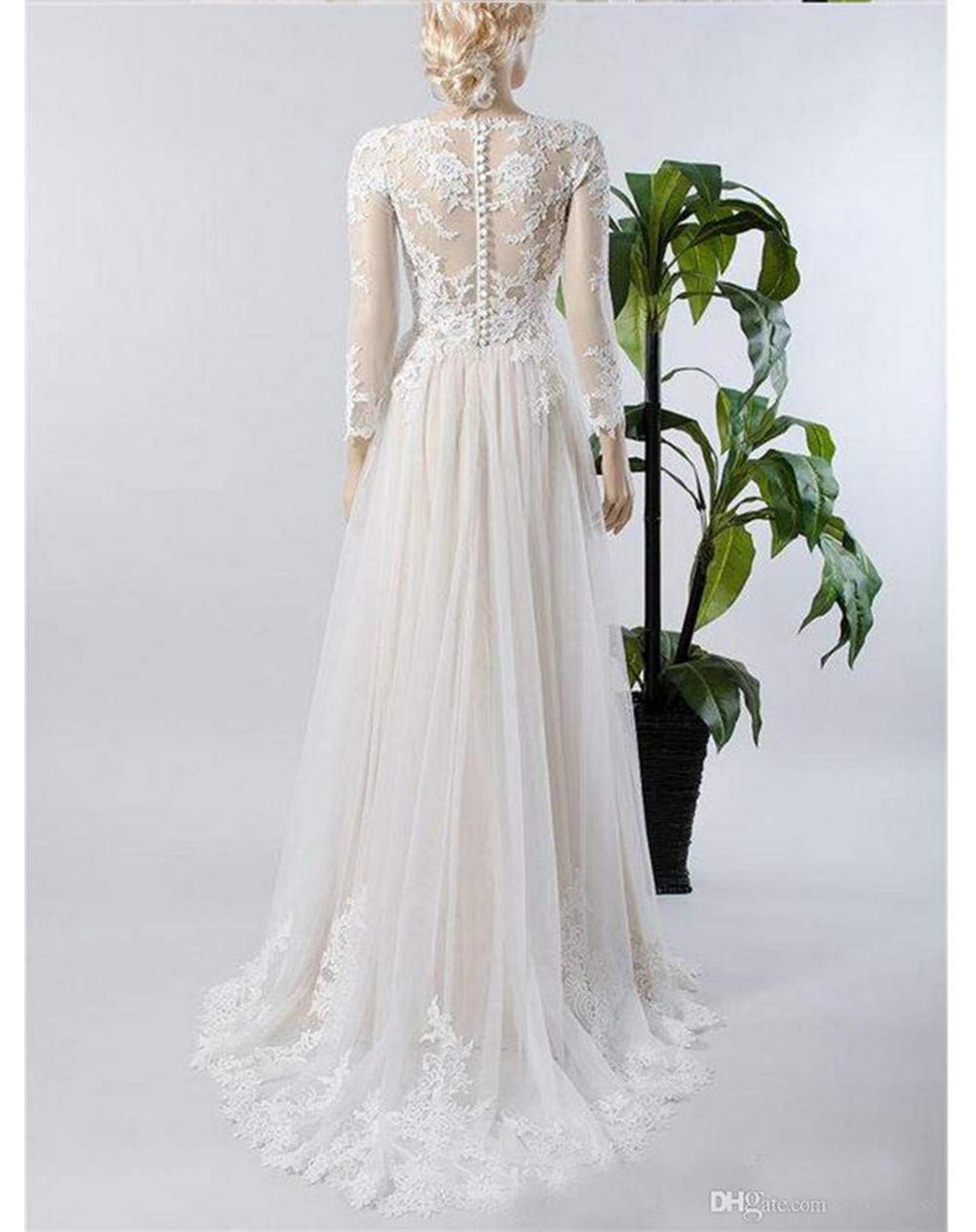 Elegant A-Line Lace Tulle Wedding Dress with Button Back & Long Sleeves - Perfect for Bridal Ceremonies, Vow Renewals & Formal Events