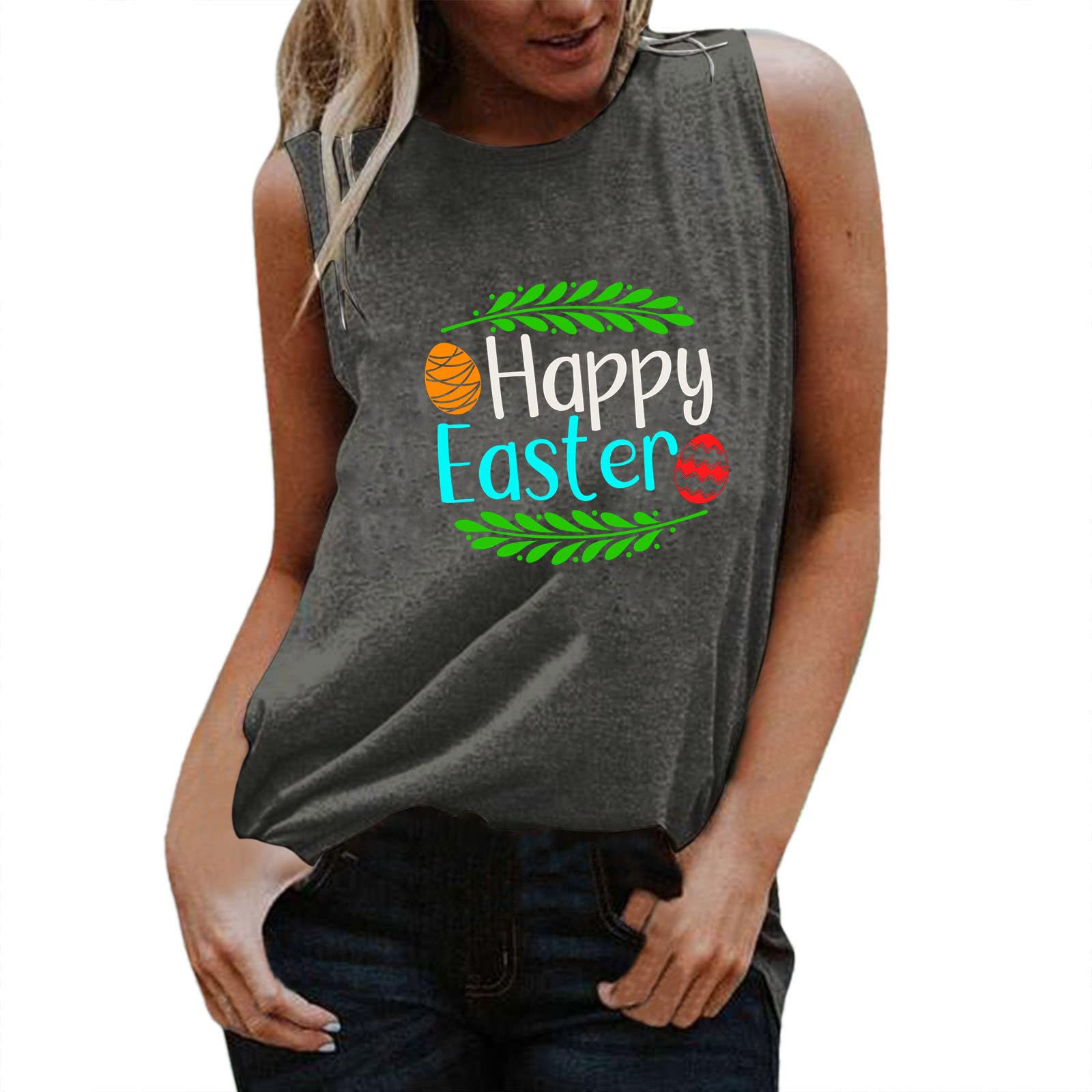 Women's Cute Sleeveless V-Neck Tank Tops - Printed Workout Running Athletic T-Shirts for Casual Wear & Easter Outfits | Gym, Yoga, Running, Summer Fashion
