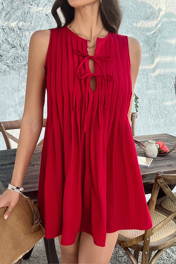 Solid Color Sleeveless Tie Pleated Casual Mini Dress for Women - Summer Beach Party, Date Night & Vacation Outfit