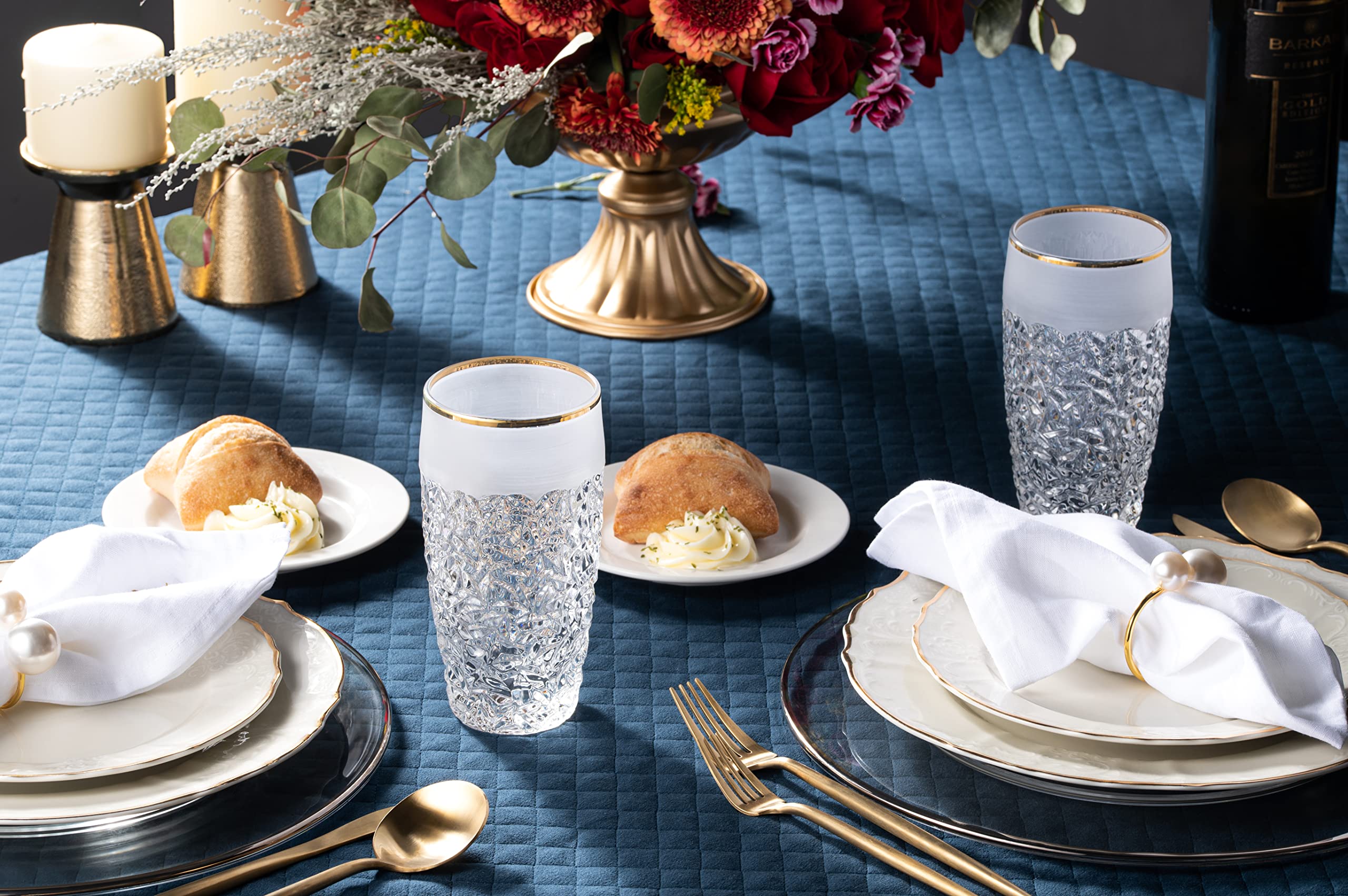 Premium European Crystal Glass Set of 6 - 16 oz Highball Tumblers with Elegant Raindrop Design, Frosted Border & Gold Rim - Made in Europe - Perfect for Cocktails, Iced Coffee & Home Bar Decor