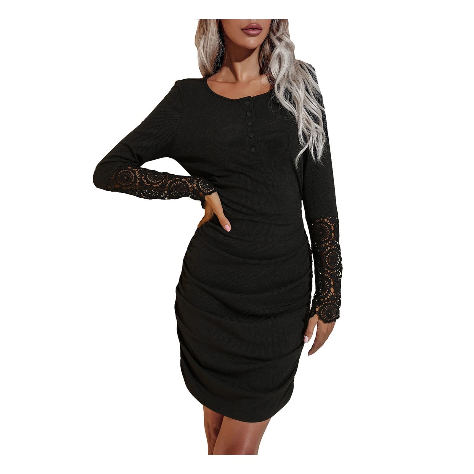 XIAOXINGXING Women's Sexy Blue Lace Stitched Round Neck Button Pleated Long Sleeve Dress - XL | Elegant Evening Wear & Party Dress for Women