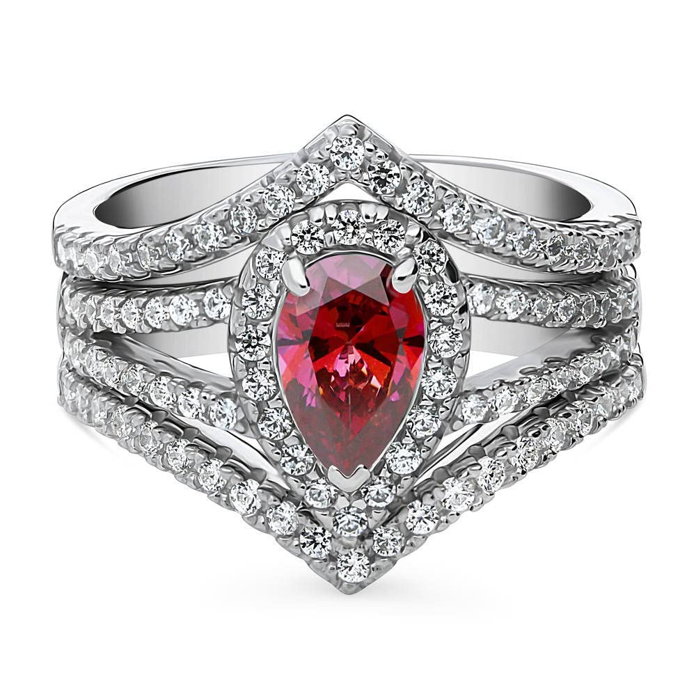 BERRICLE Sterling Silver Halo Wedding Engagement Ring Set for Women - Red Pear Cut Cubic Zirconia CZ Wishbone Split Shank, Rhodium Plated Size 4-10 | Elegant Bridal Jewelry for Proposals, Anniversaries & Special Occasions