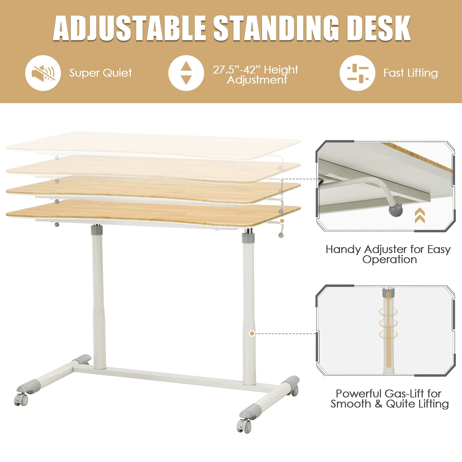 Tangkula Adjustable Height Mobile Standing Desk with Wheels - Compact Rolling Computer Desk with Steel Frame & MDF PVC Tabletop - Perfect for Home Office, Small Spaces & Remote Work (Natural Wood Finish)