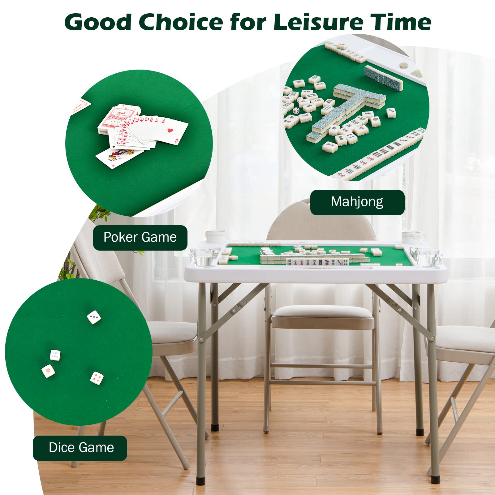 GYMAX Folding 4-Player Mahjong Table with Cup Holders & Chip Trays - Portable Square Card Game Table for Poker, Blackjack, Dominoes - Perfect for Game Nights, Parties & Family Gatherings
