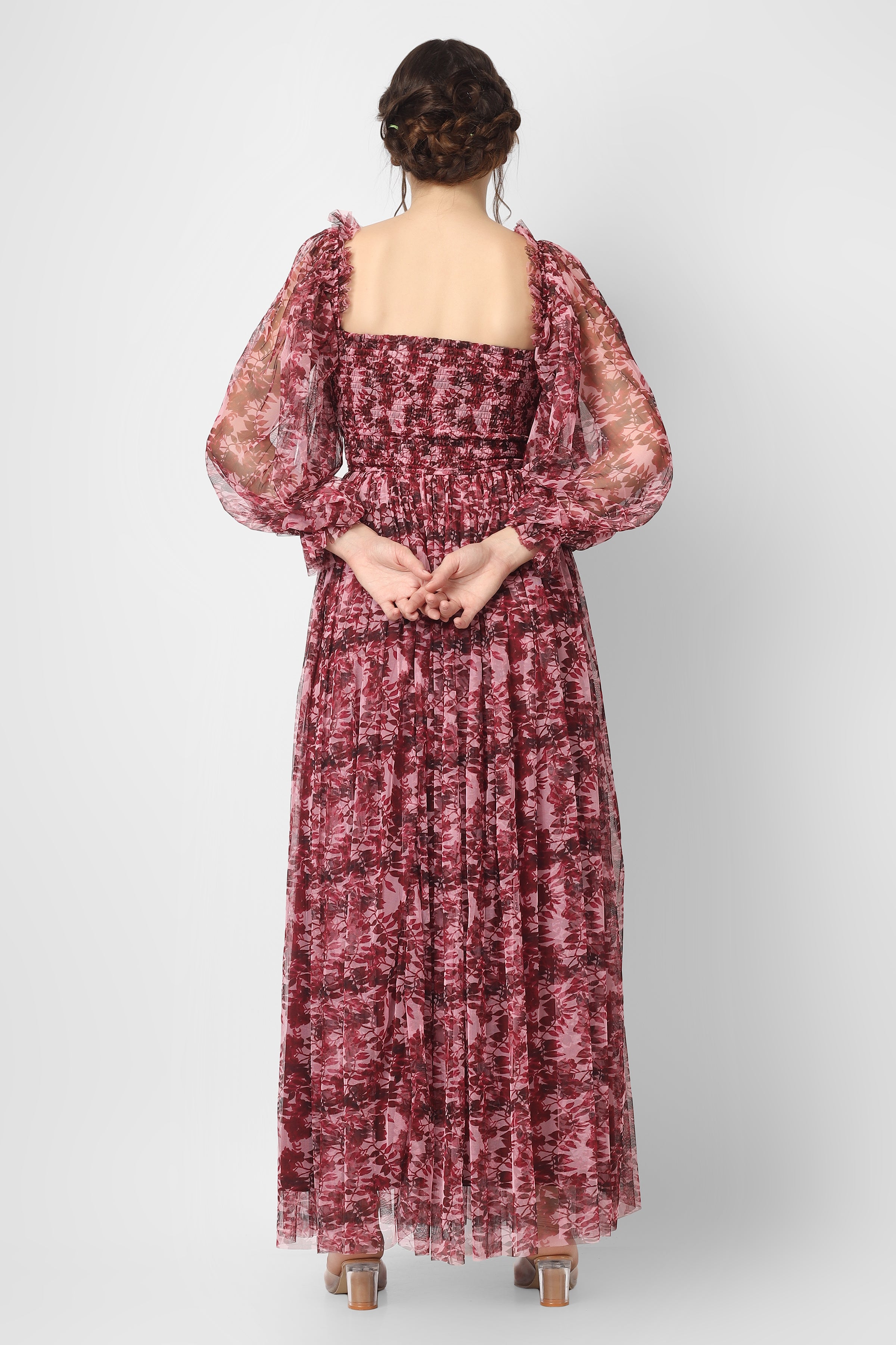 Lana Burgundy Printed Tulle Dress for Women - Elegant A-Line Party Gown with Floral Design, Perfect for Weddings, Prom, Evening Events and Special Occasions