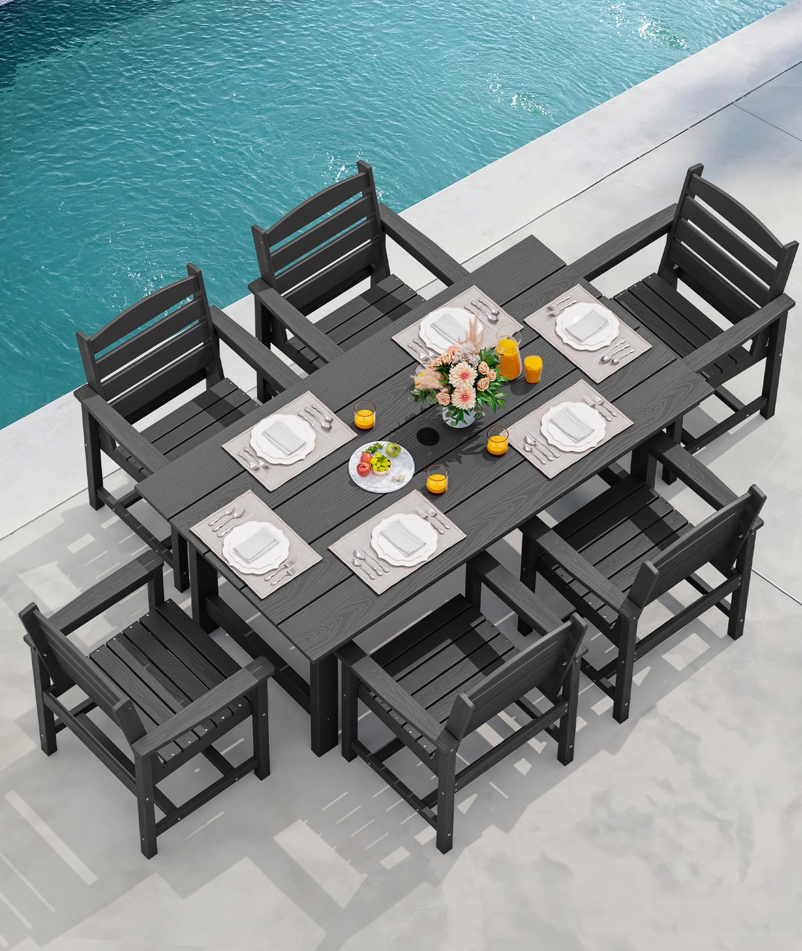 SERWALL 7-Piece Outdoor Patio Dining Set - HDPE Weather-Resistant Table with Umbrella Hole & 6 Chairs - Black - Perfect for Backyard, Garden, Poolside & BBQ Gatherings