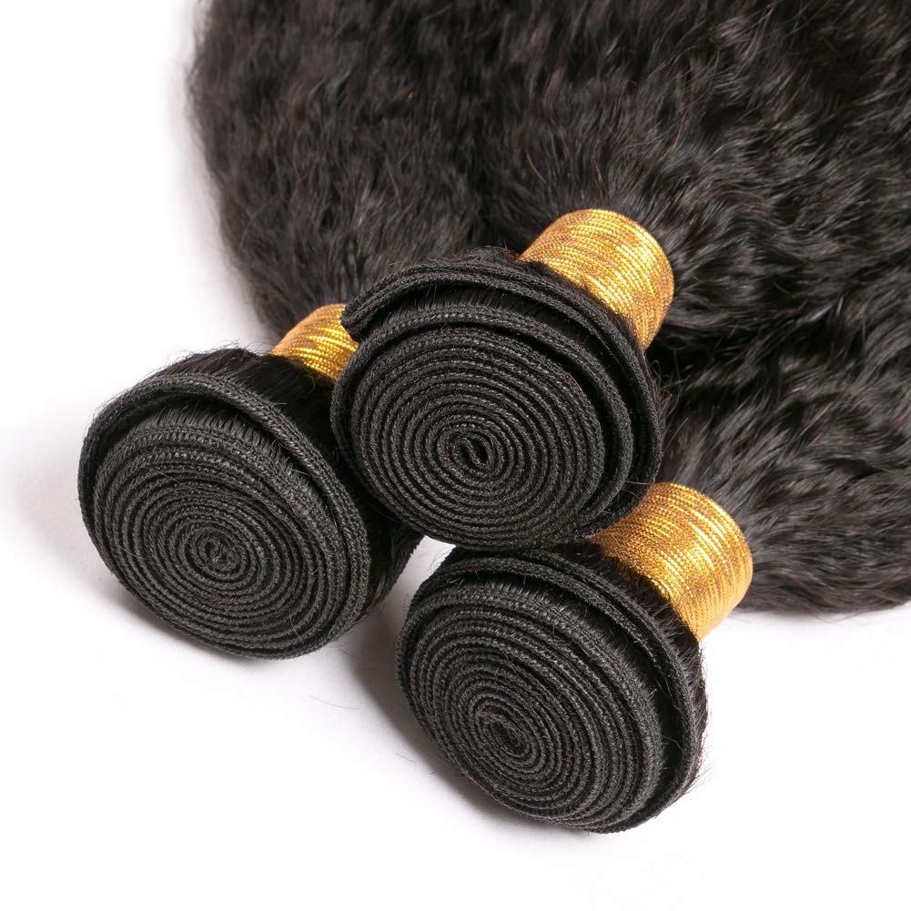 100% Unprocessed Brazilian Kinky Straight Human Hair Bundles - 3 Bundles (22/24/26 Inch) Yaki Straight Sew-in Hair Extensions - Natural Black for Everyday Wear & Special Occasions