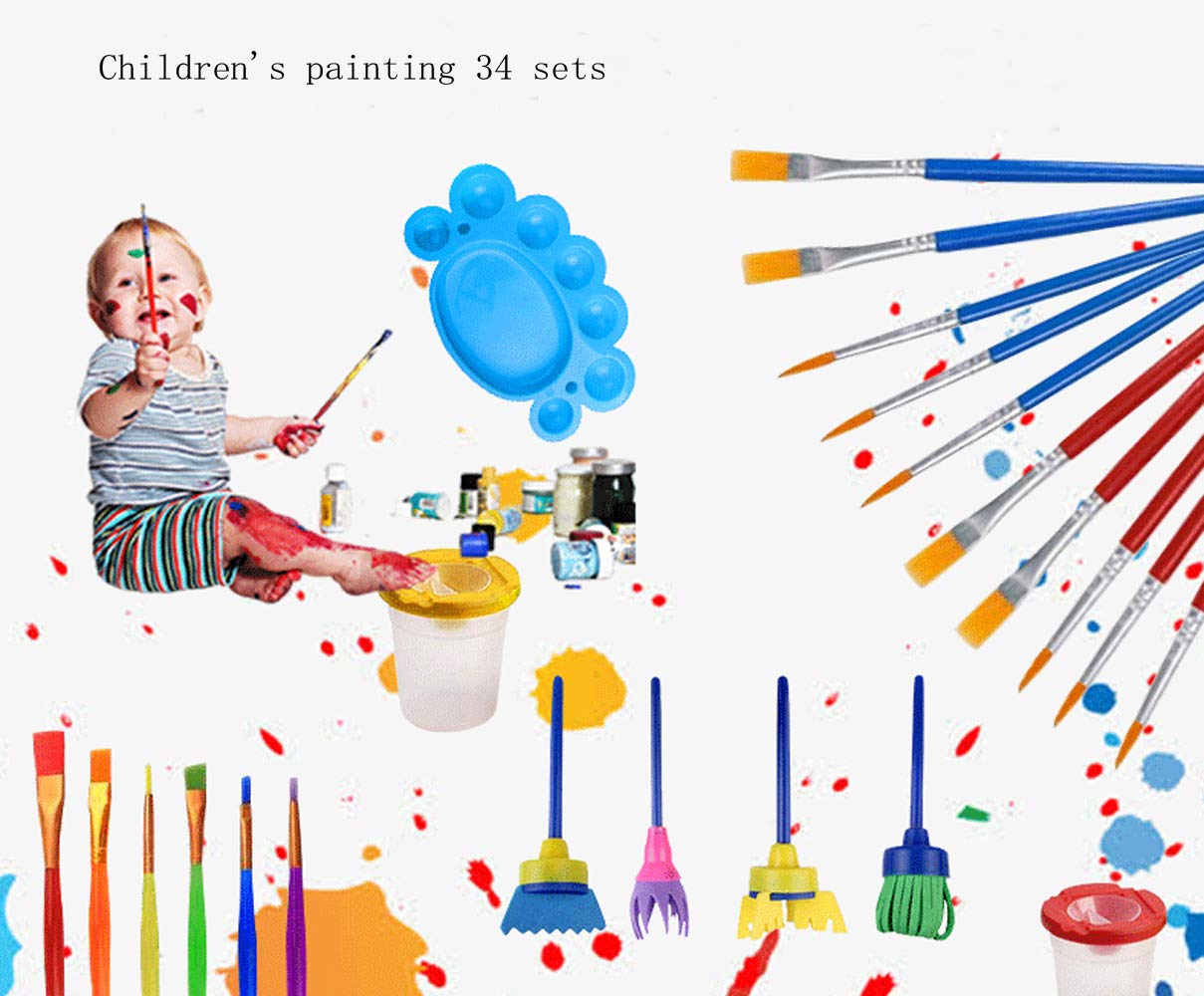 34-Piece Kids Paint Brush Set with Sponge Brushes & Palette - Children's Art Painting Kit for Early Education, DIY Learning & Creative Play - Perfect for Home, Classroom & Birthday Gifts