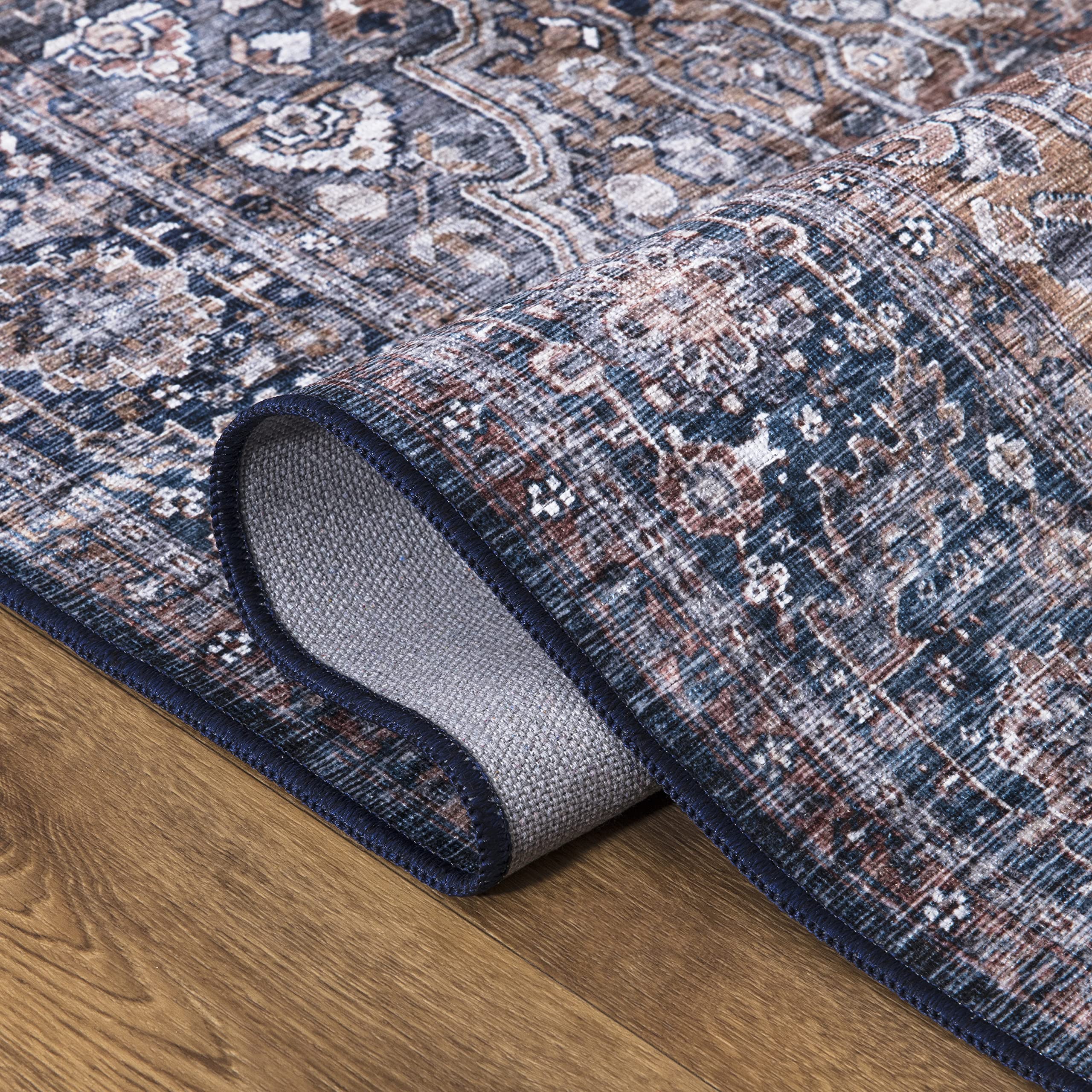 Abani 8' x 10' Vintage Rectangular Area Rugs - Blue & Brown Machine Washable Polypropylene Rug, Stain Resistant Non-Shedding Large Rug for Living Room, Bedroom, Dining Room & Office