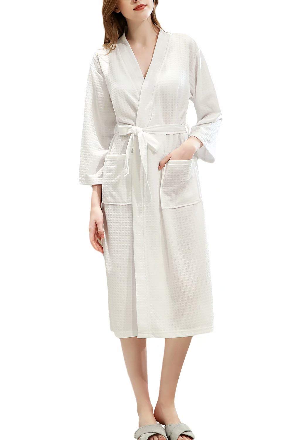 TOLENY Women's Lightweight Cotton Waffle Kimono Robe - Long Unisex Bathrobe for Spa, Lounge & Home Relaxation